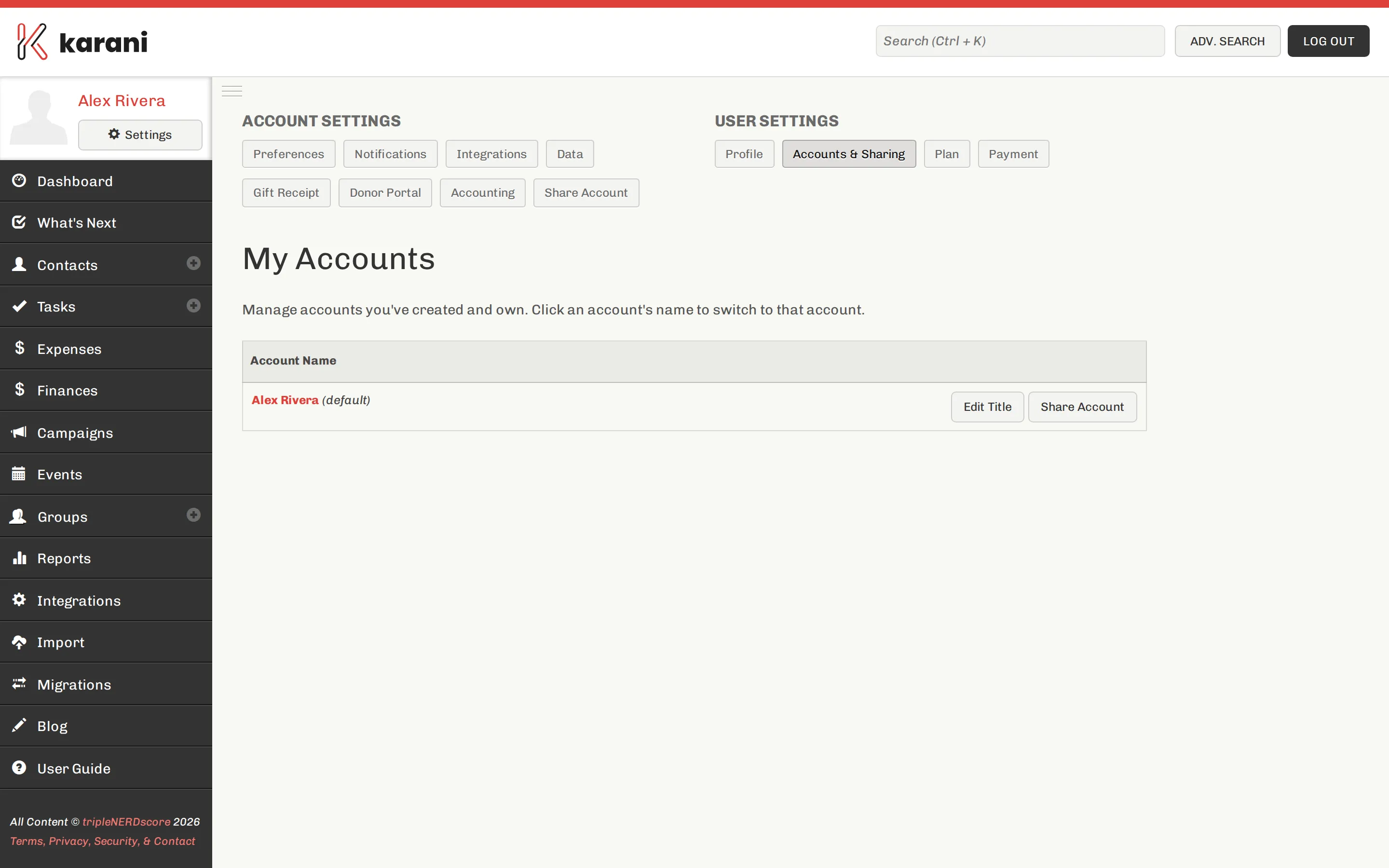 The accounts and sharing page listing your accounts and the accounts shared with you