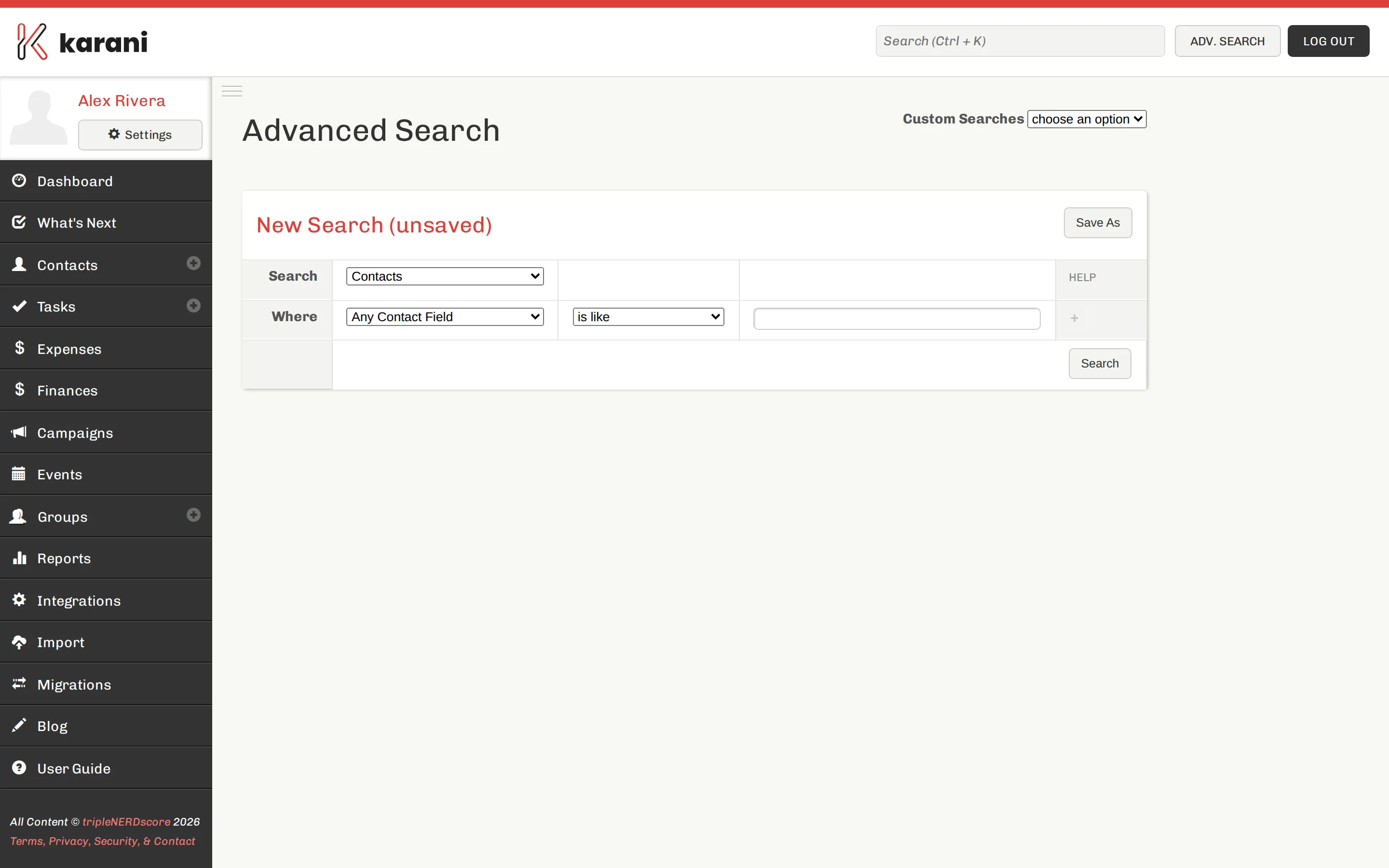 The Advanced Search builder showing a Search dropdown set to Contacts, a Where row with field, operator and value dropdowns, a plus button to add criteria, and Save As and Search buttons