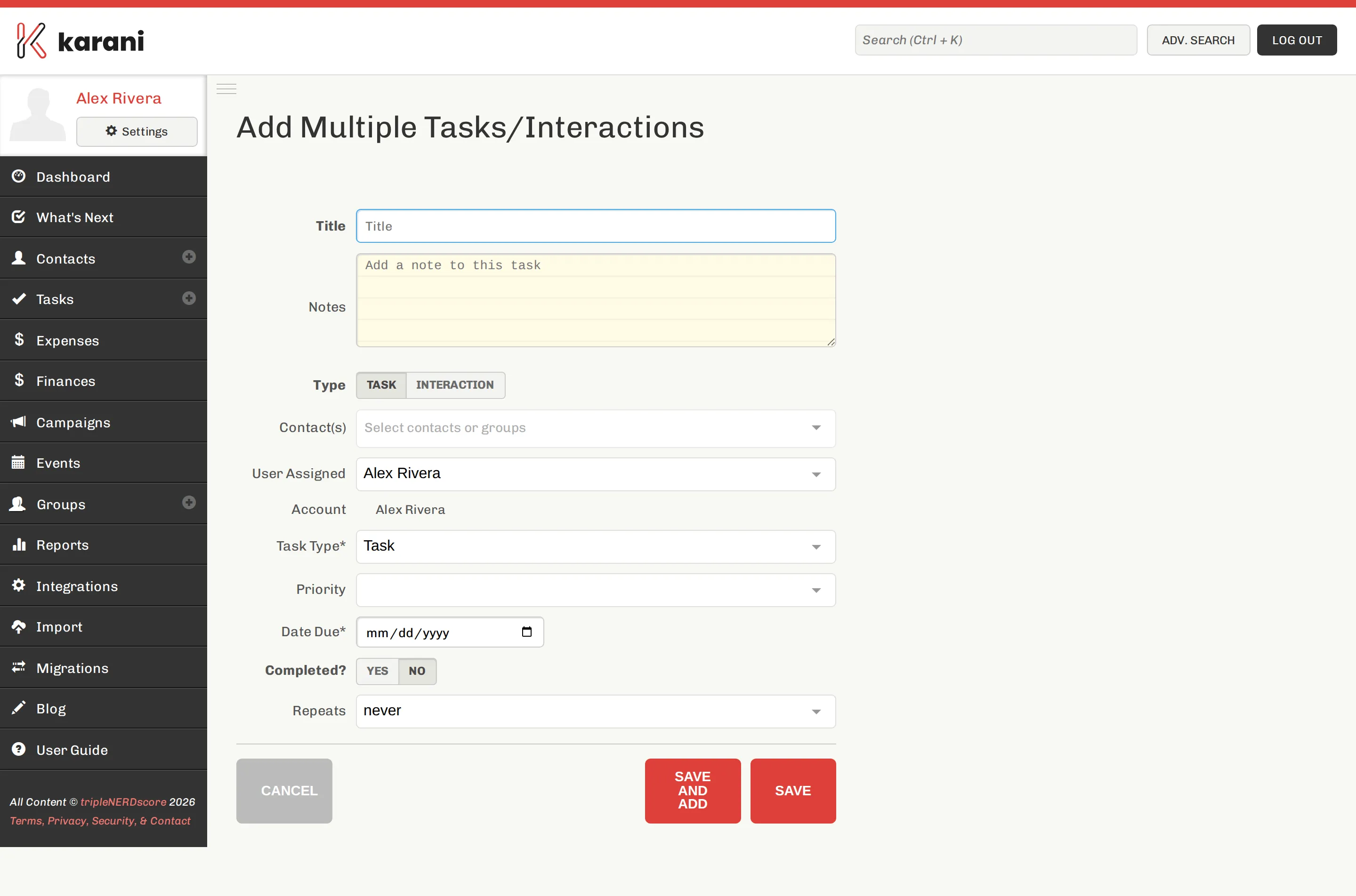 The Add Multiple Tasks and Interactions page with contact and group pickers, and fields for title, type, and date