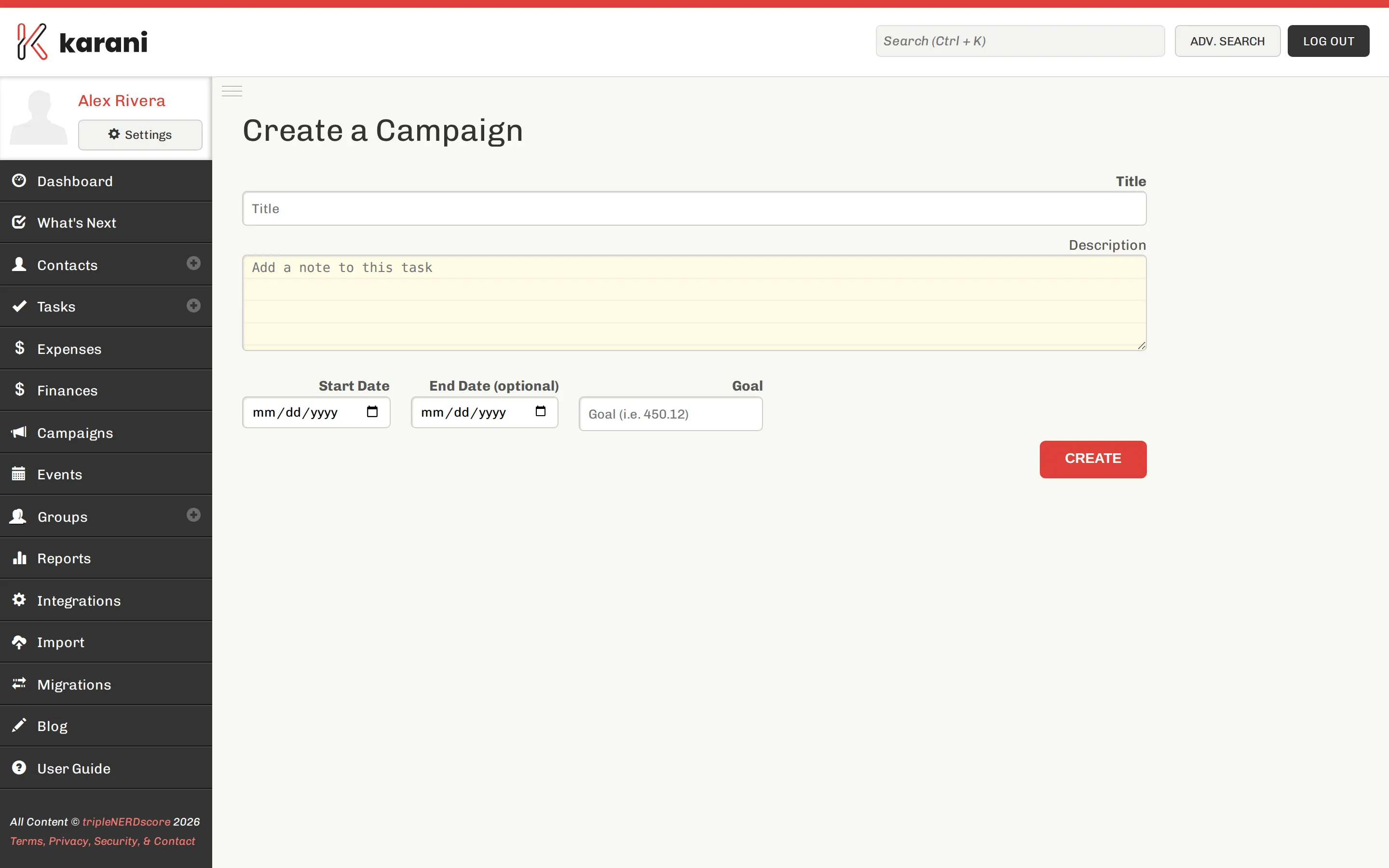 The create campaign form with fields for name, description, goal amount, start date, and end date