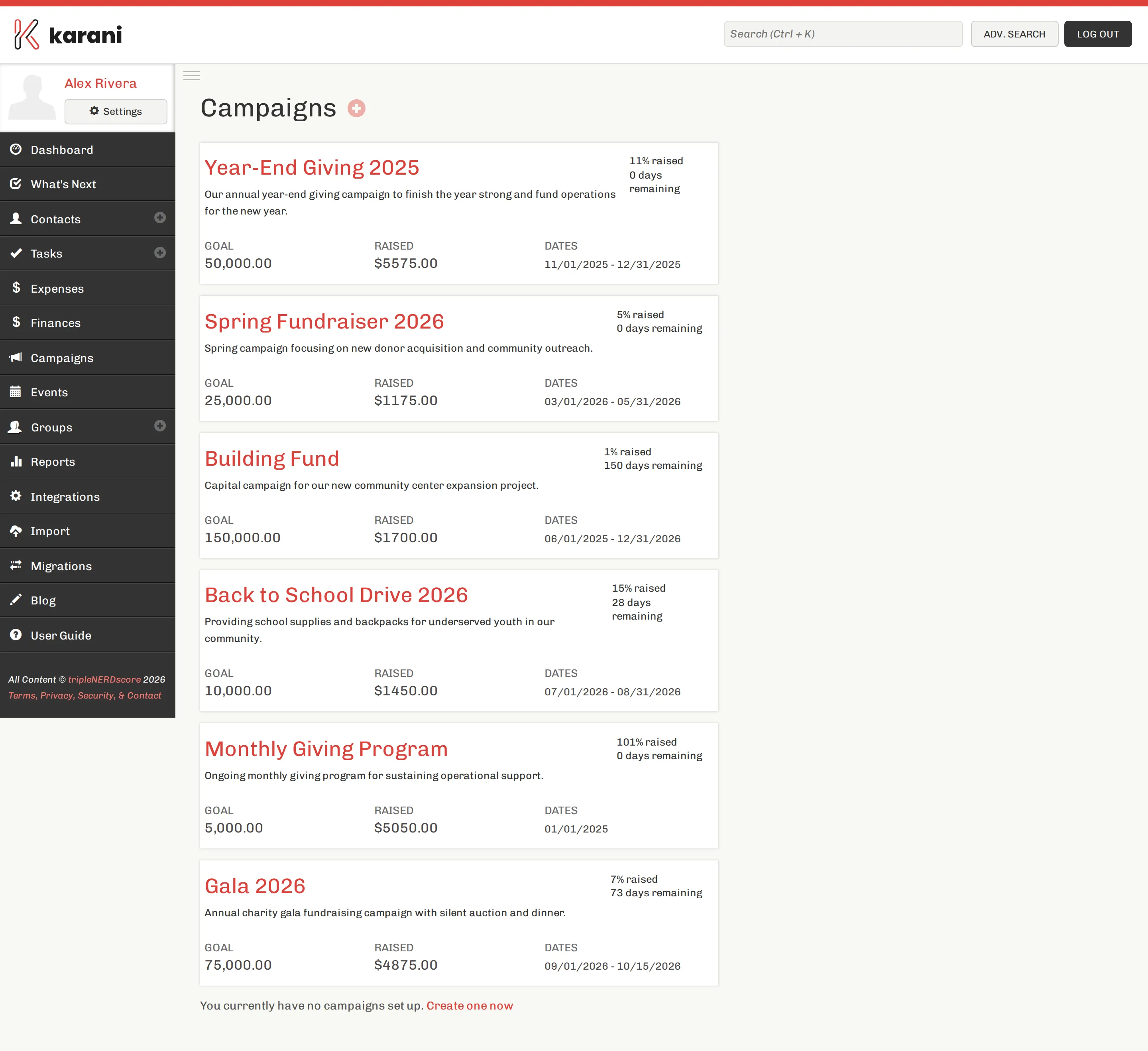 The Karani campaigns page listing campaigns with their date range, goal, and amount raised