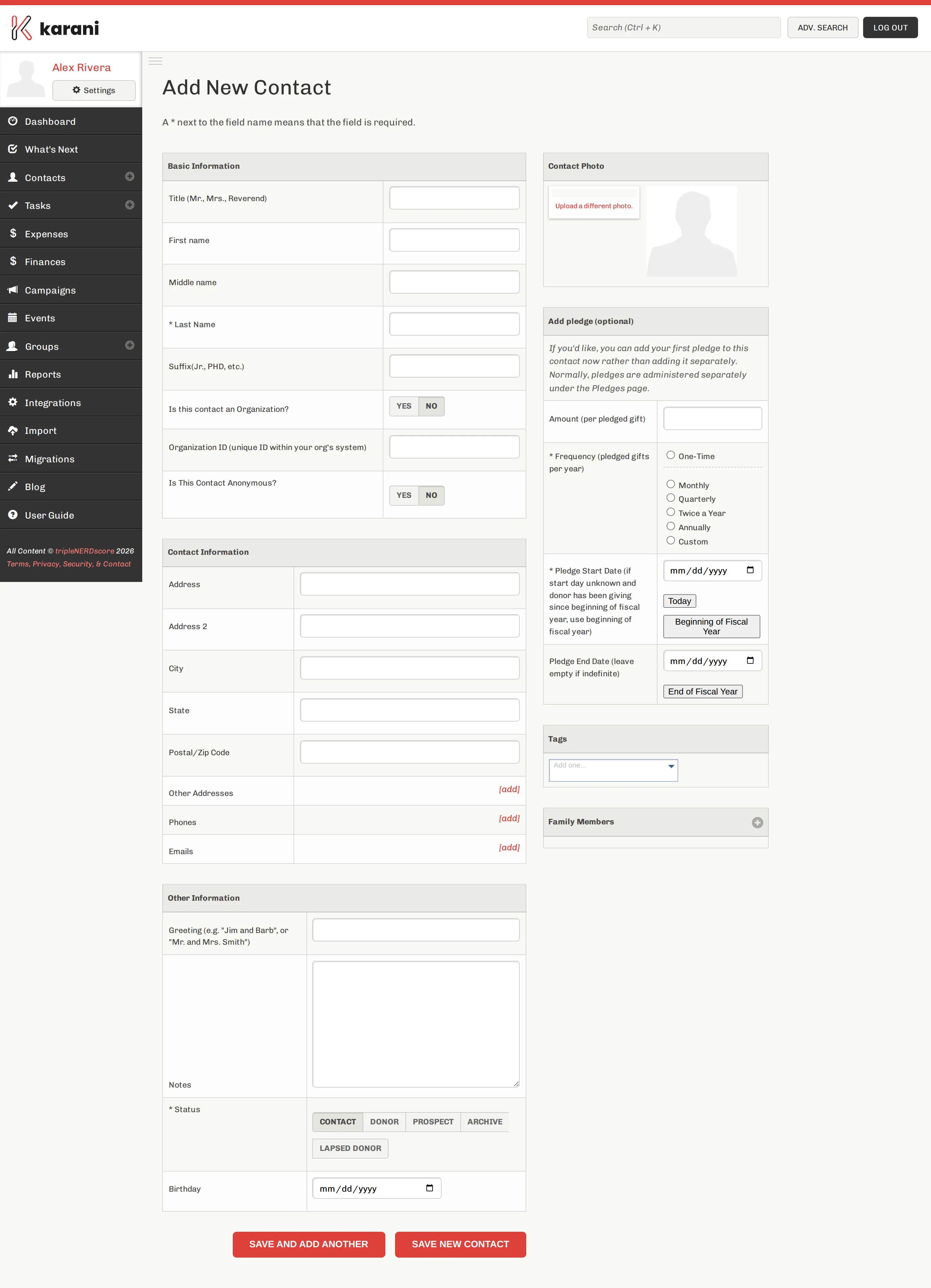 The Add New Contact form with Basic Information, Contact Information and Other Information panels on the left, and Contact Photo, Add pledge, Tags and Family Members panels on the right