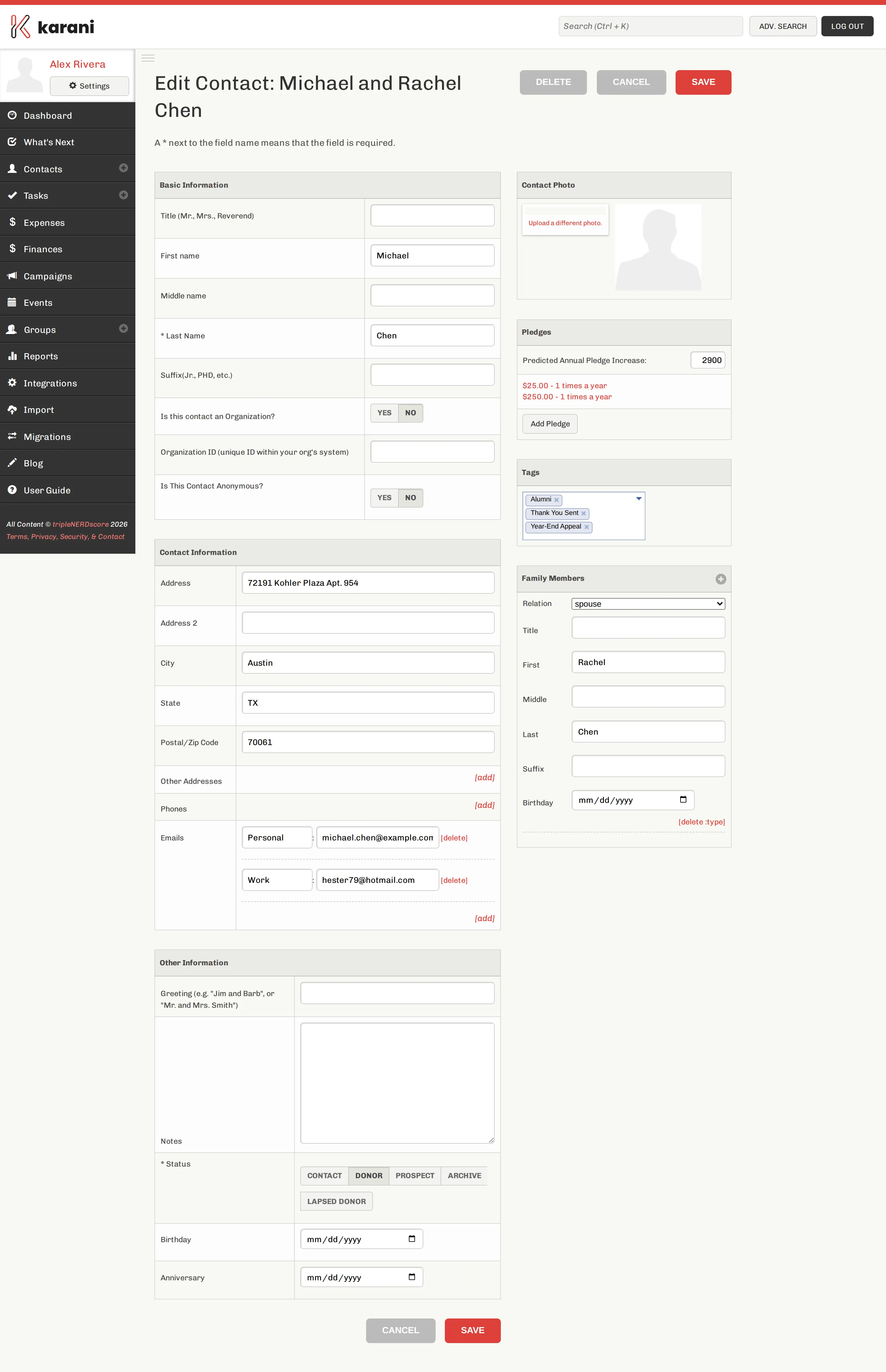 The edit contact form, laid out identically to the Add New Contact form, pre-filled with an existing contact's details