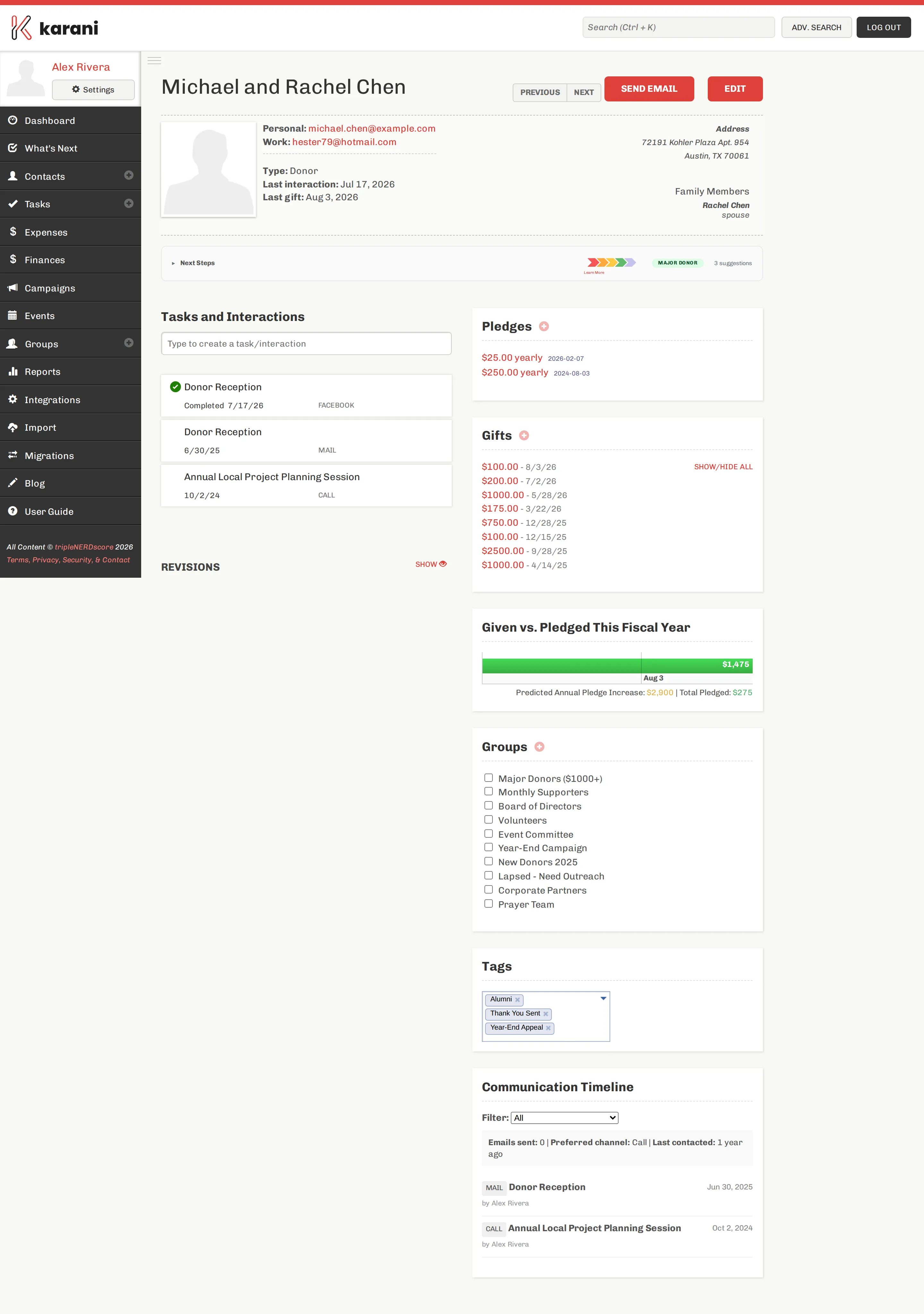 The Groups panel on a contact profile, listing all groups with checkboxes indicating membership