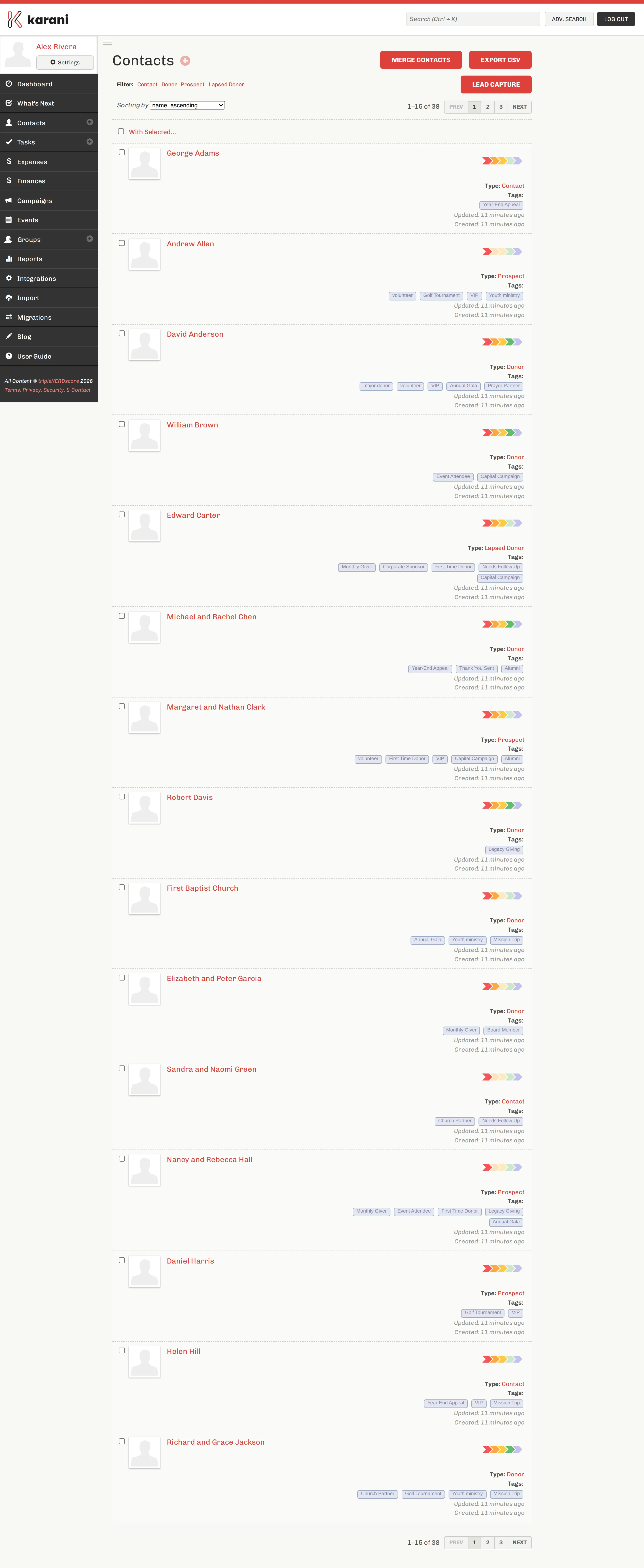 The Karani contacts list showing contacts with their type, tags, rating chevrons, and last-updated times, with filters and pagination