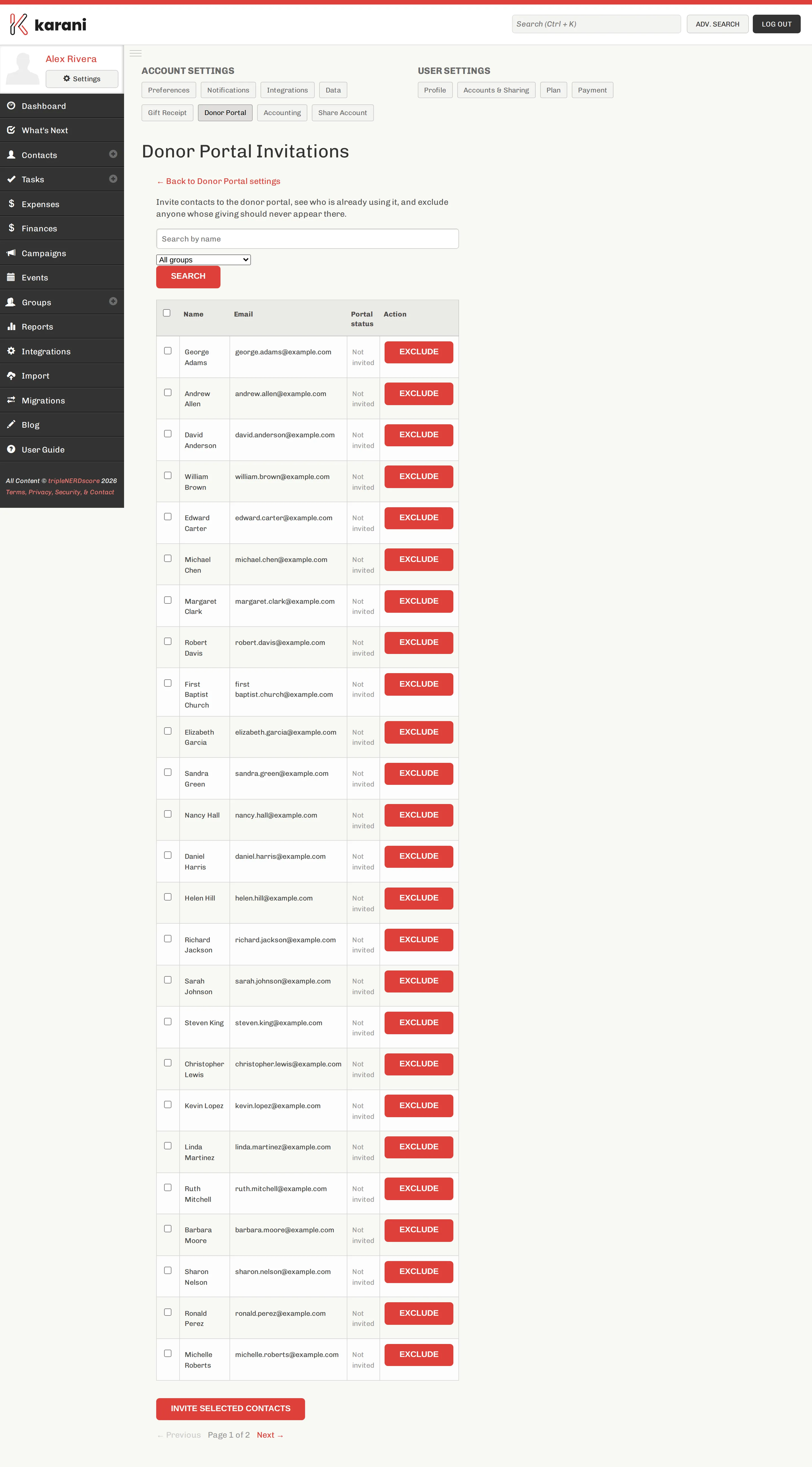 The donor portal invitations page listing contacts with their invitation status and options to send invitations