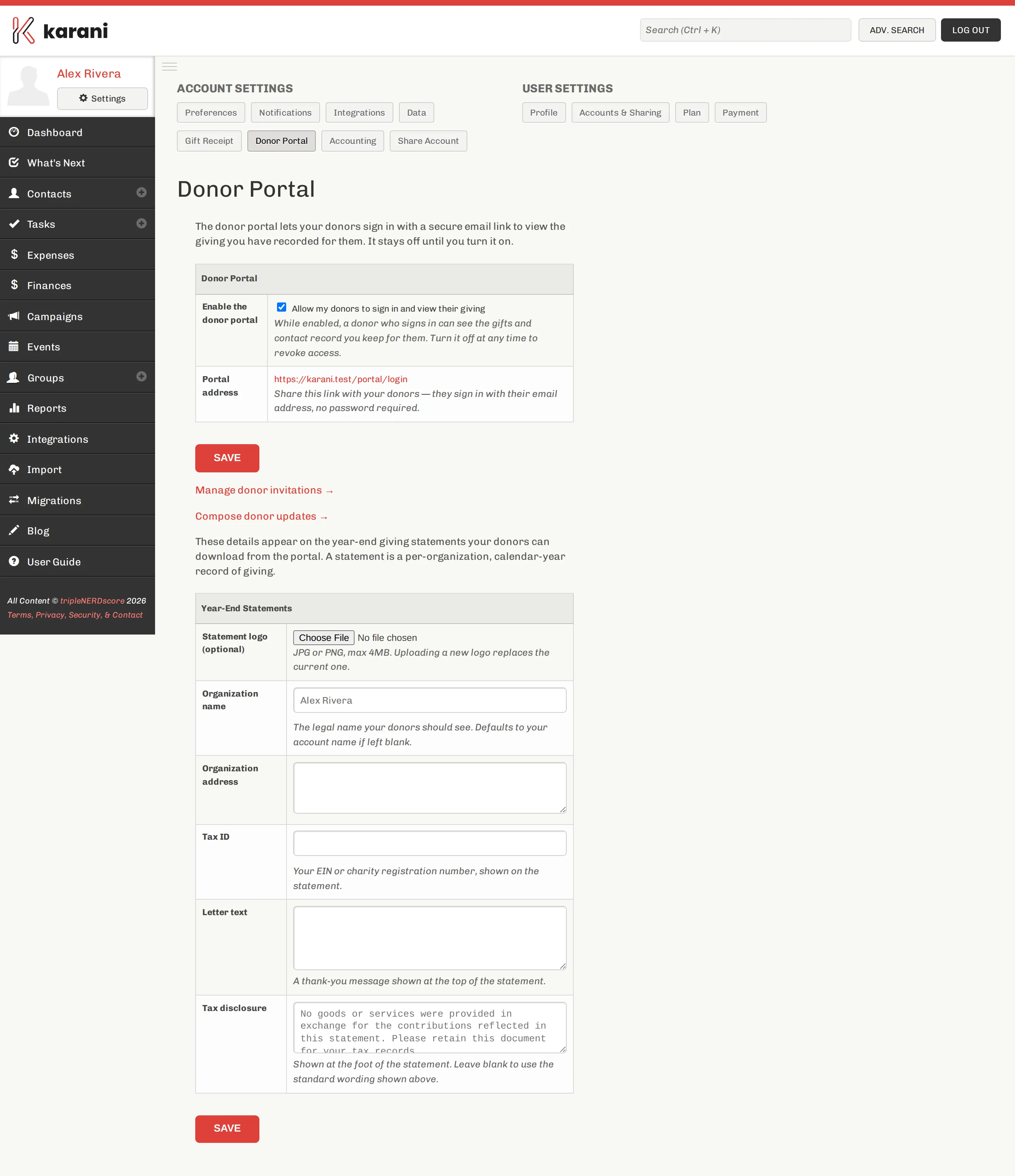 The Donor Portal settings page with a checkbox to enable the portal, the portal address, links to manage invitations and compose updates, and a Year-End Statements section