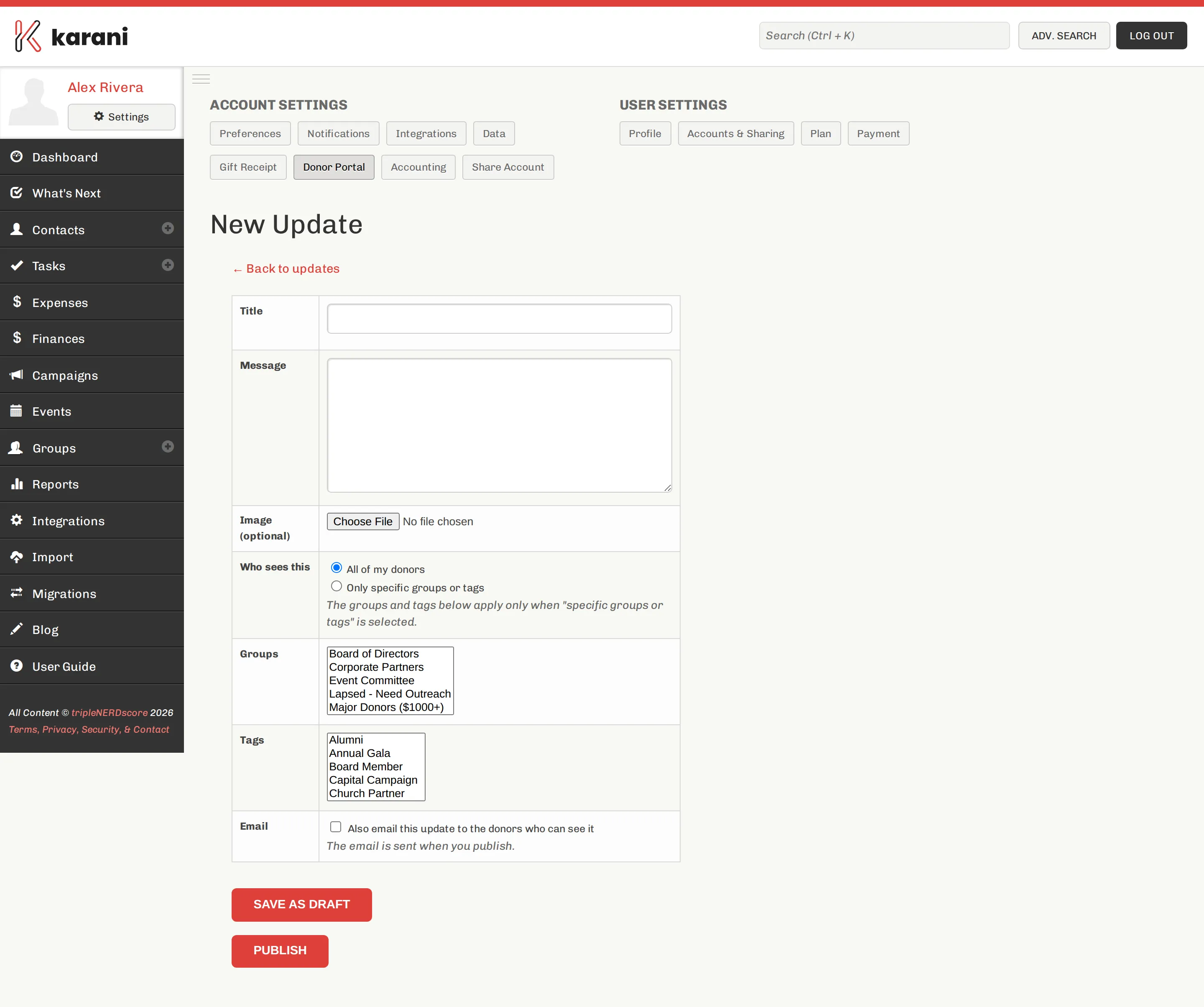 The new donor portal update form with a title field and a body editor