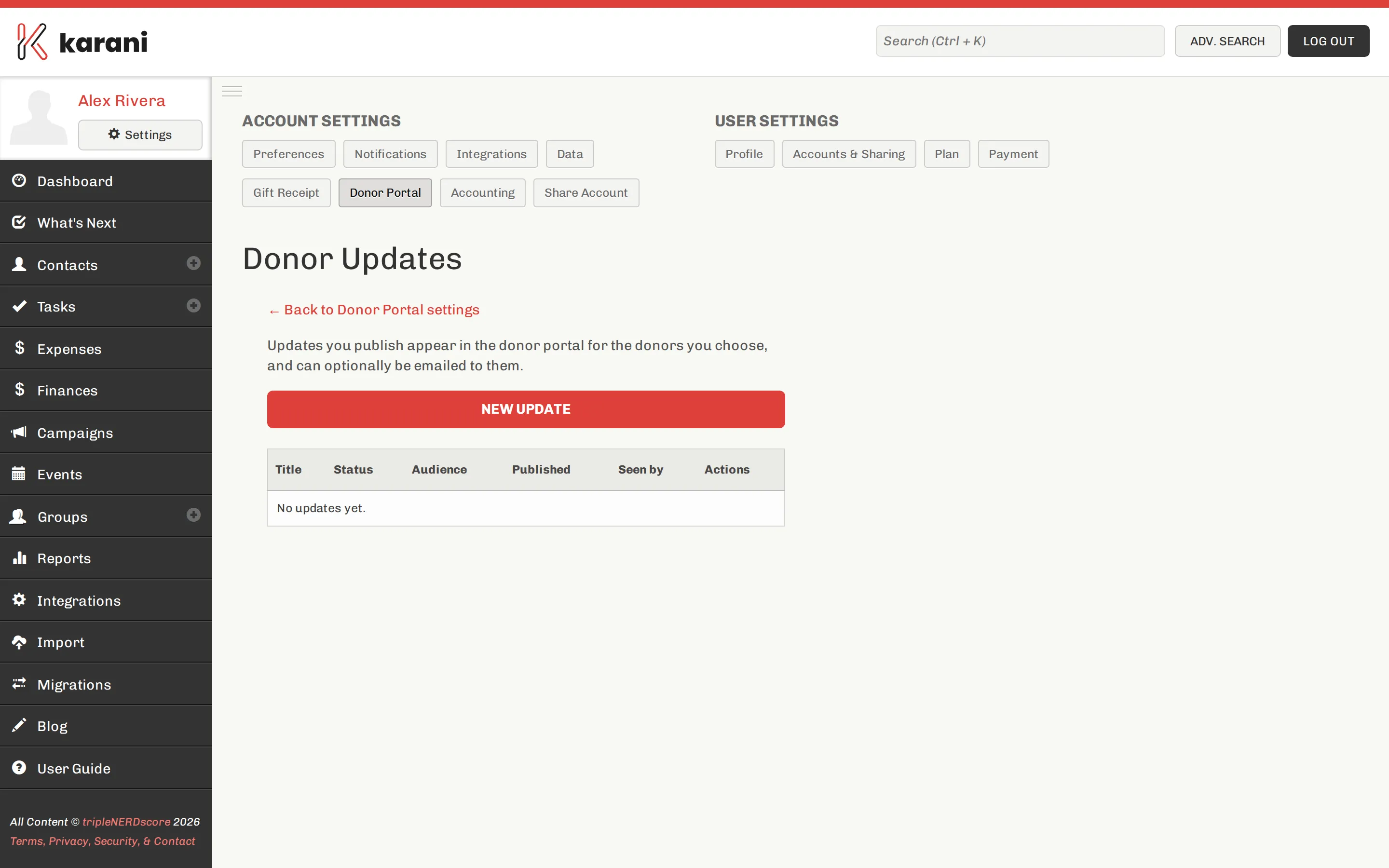 The donor portal updates page listing published and draft updates with edit and delete options