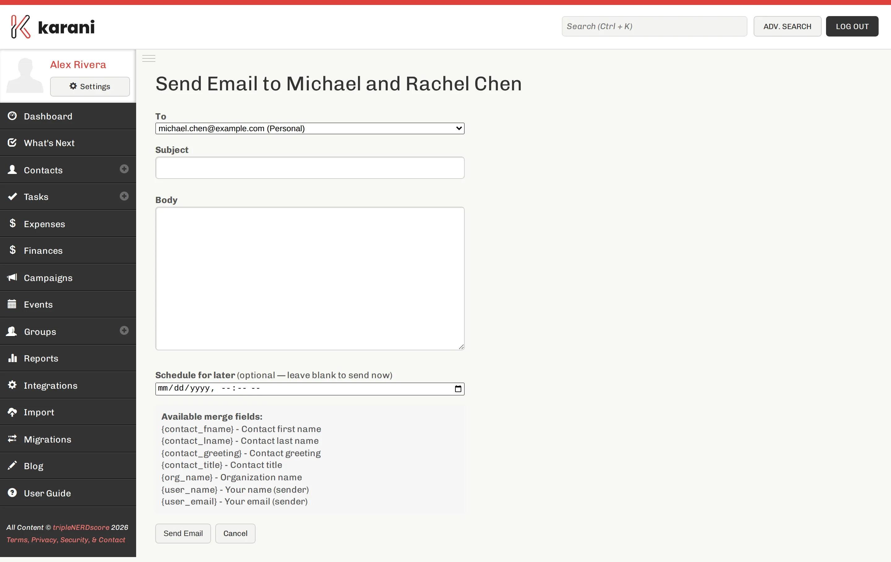The Karani email compose screen with recipient, subject, and body fields, and options to insert a template or schedule the send