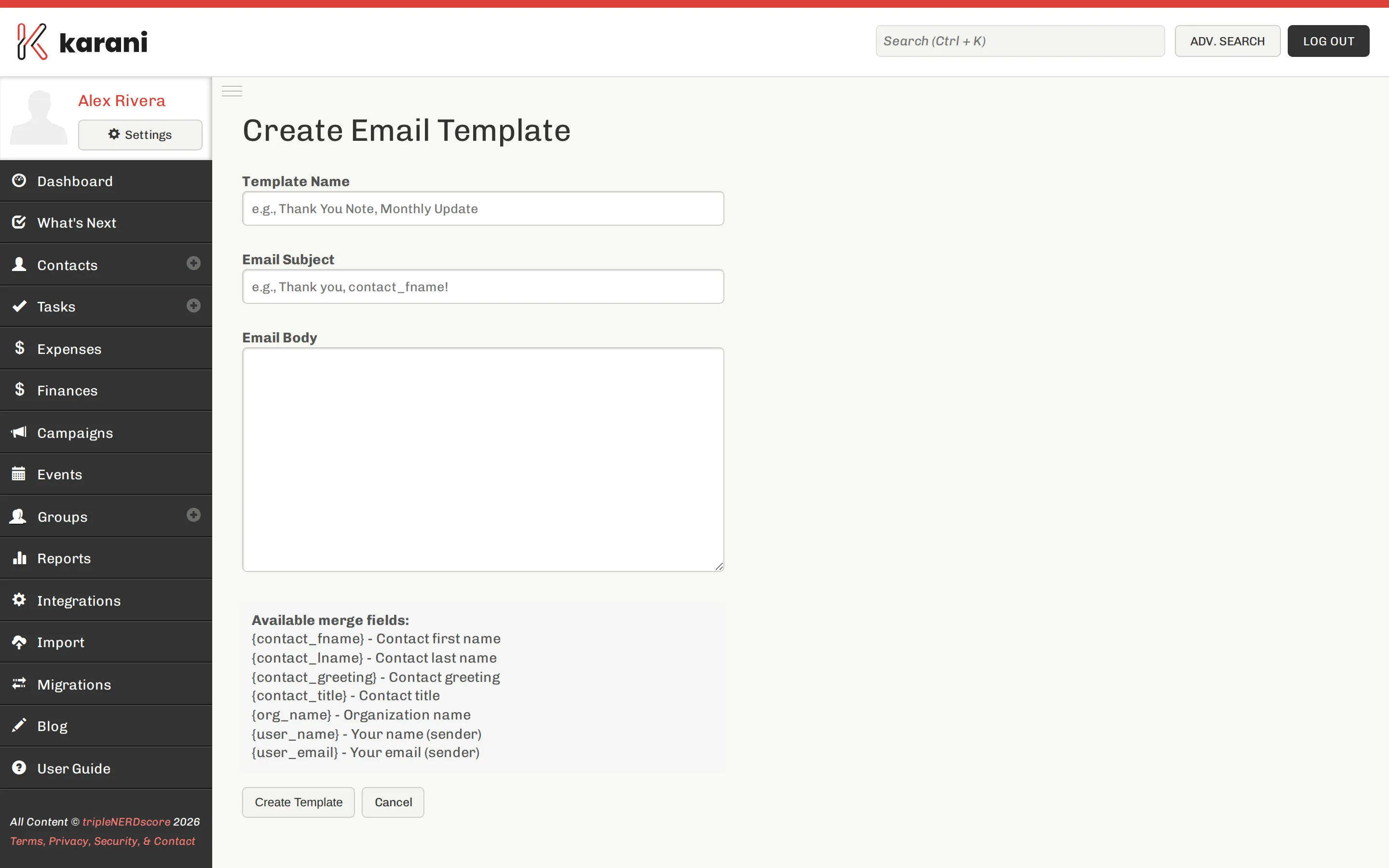 The create email template form with name, subject, and body fields