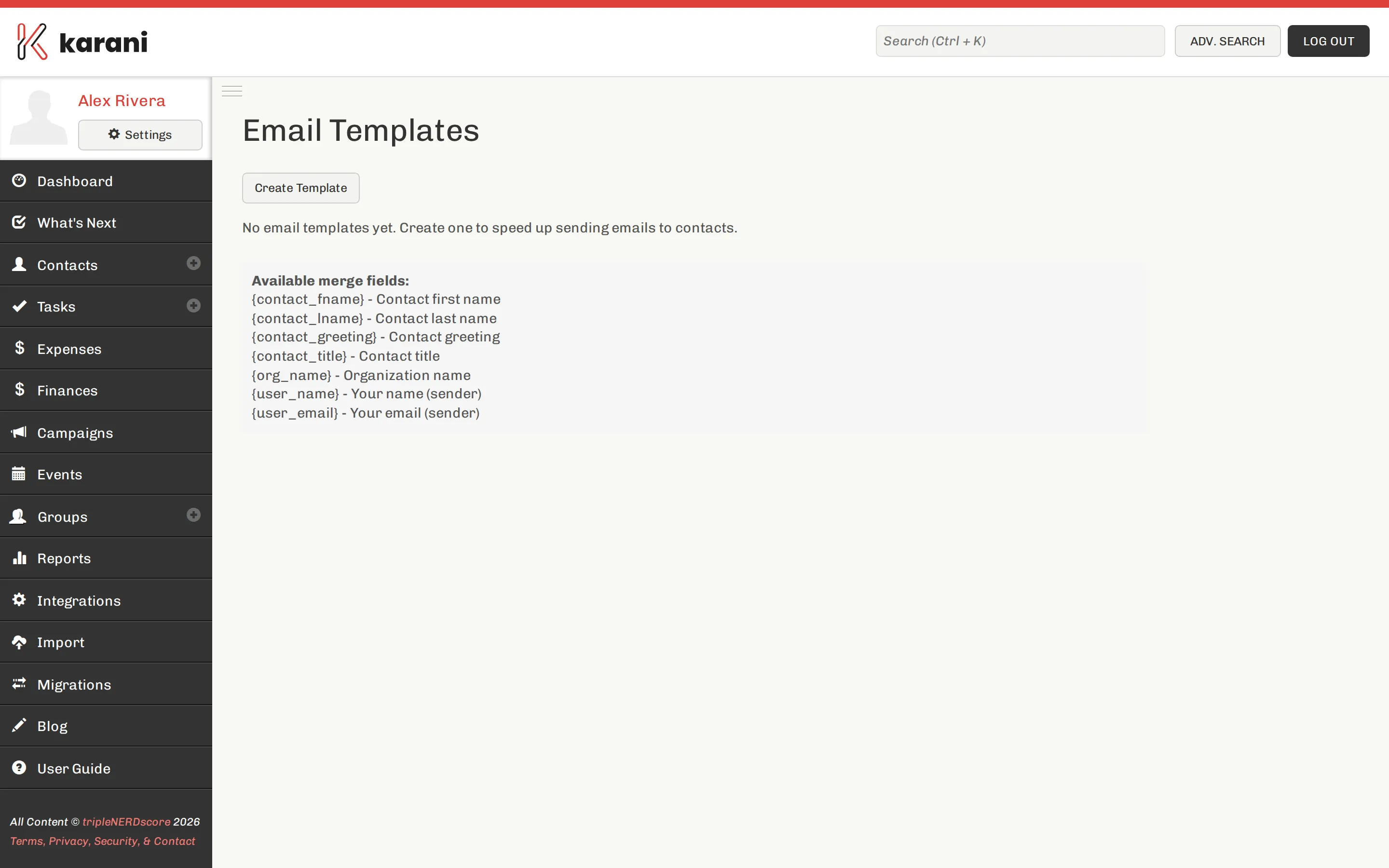 The email templates page listing saved templates with edit and delete options