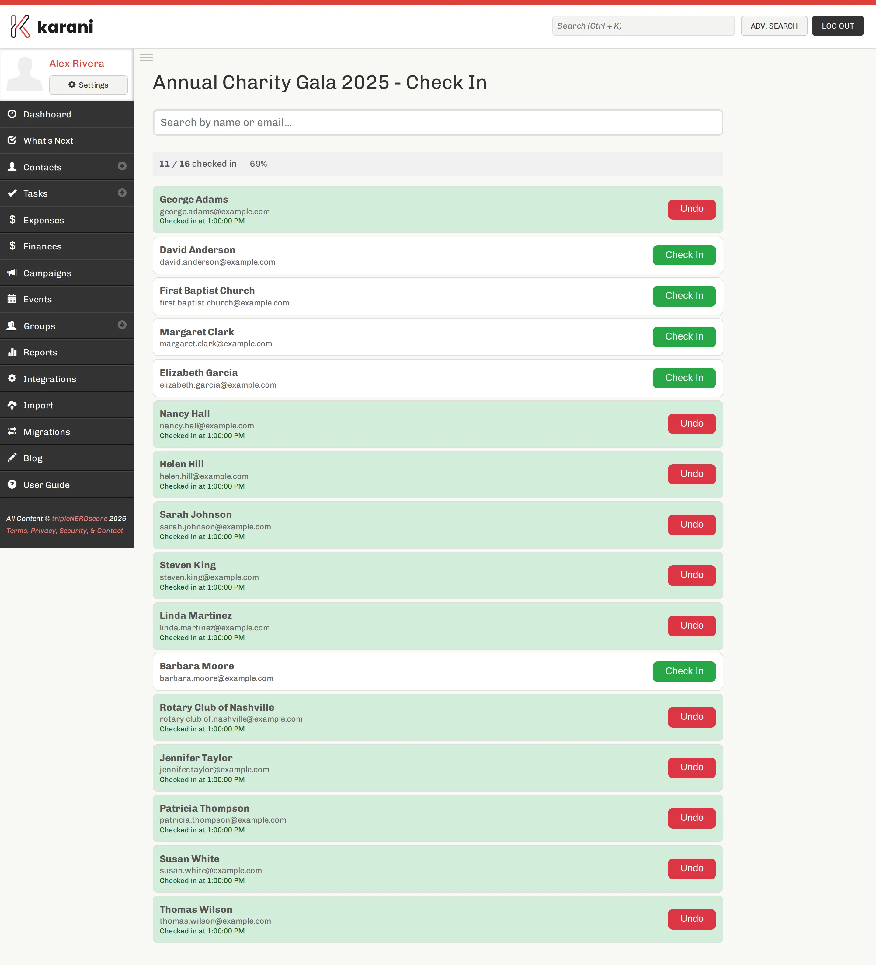 The event check-in screen with a search box and a list of attendees, each with a check-in button