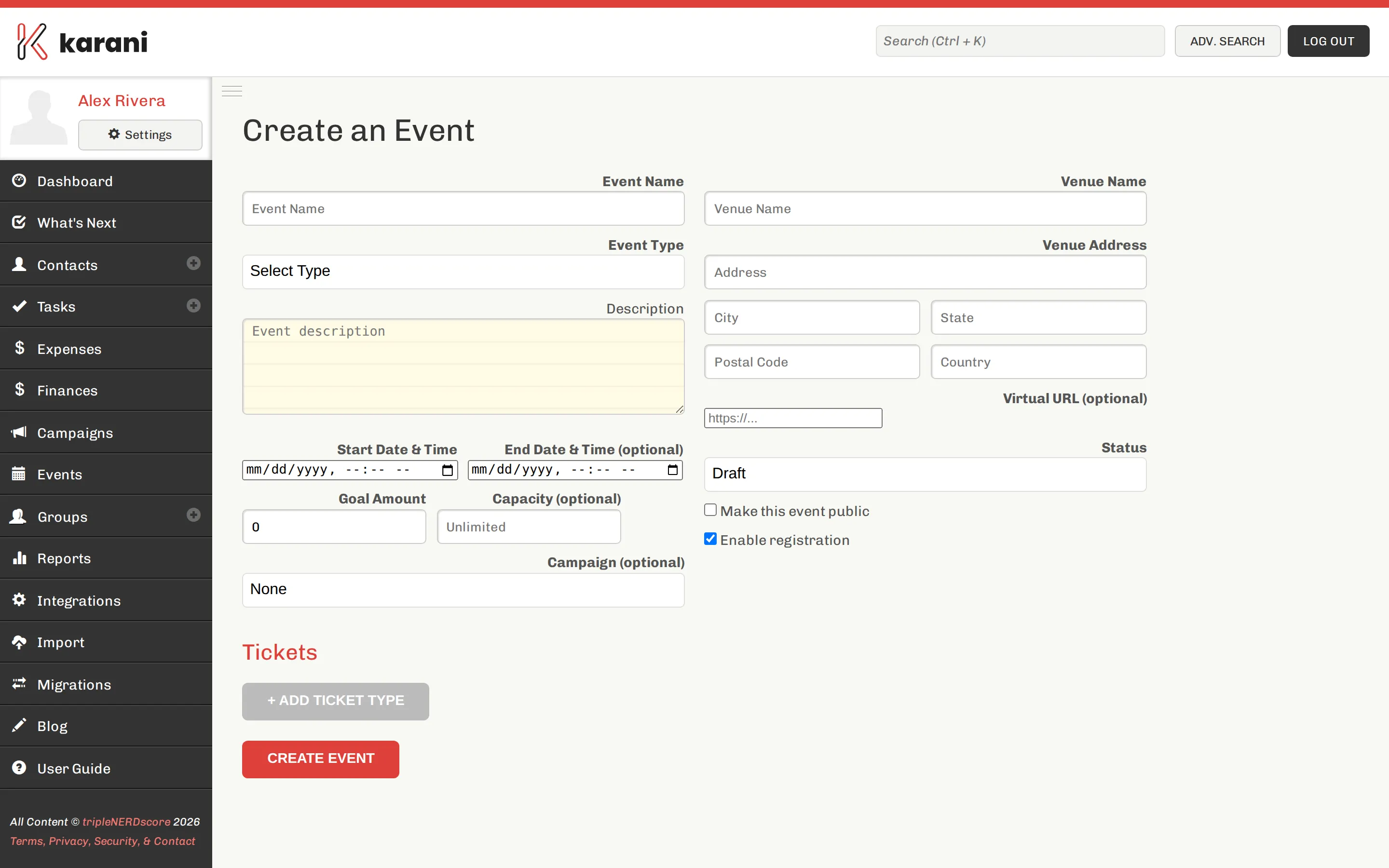 The create event form with fields for name, description, event type, dates, timezone, venue, capacity, goal amount, and registration settings