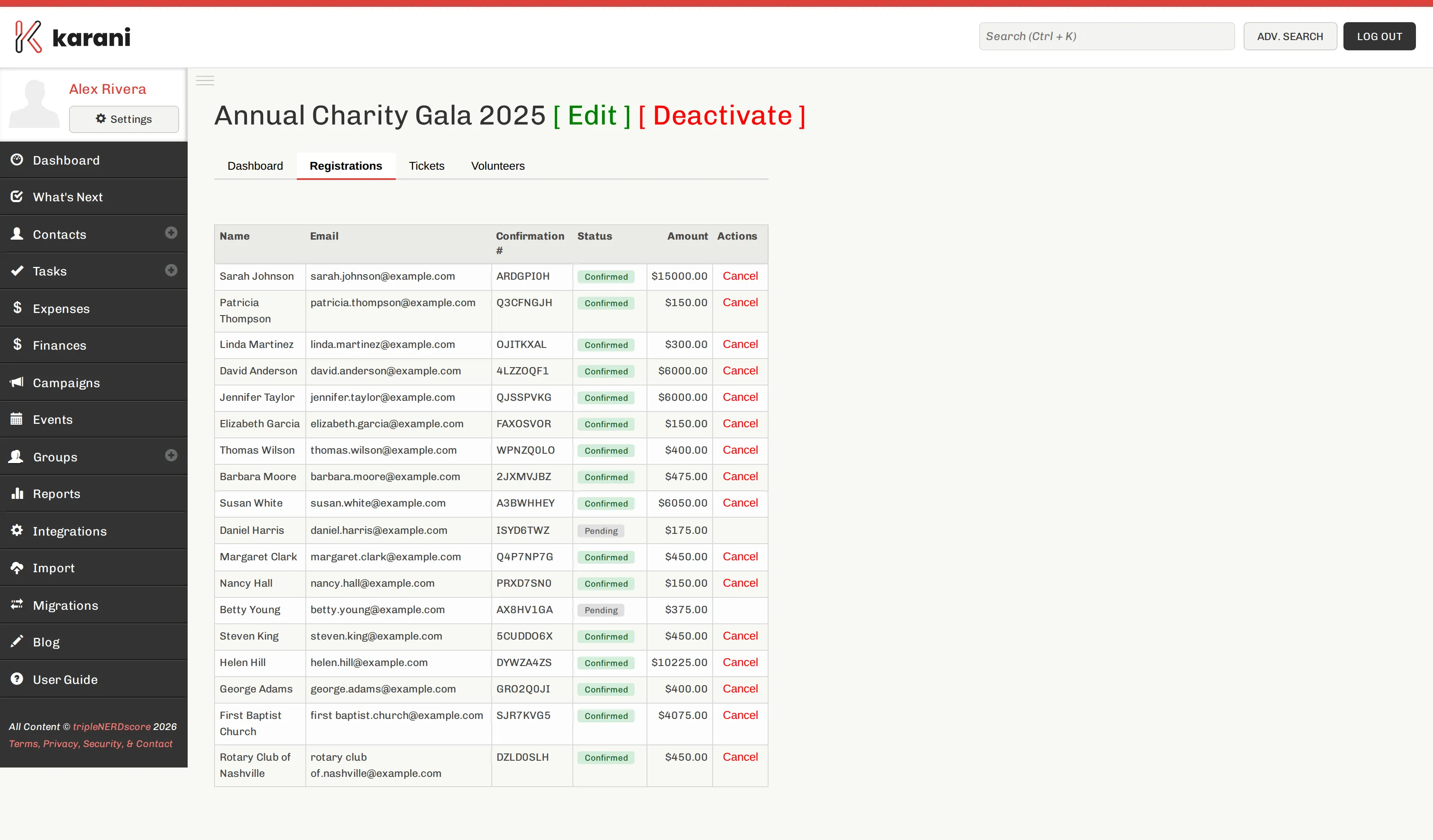 The Registrations tab listing registrants with name, email, confirmation number, status, amount, and a cancel action