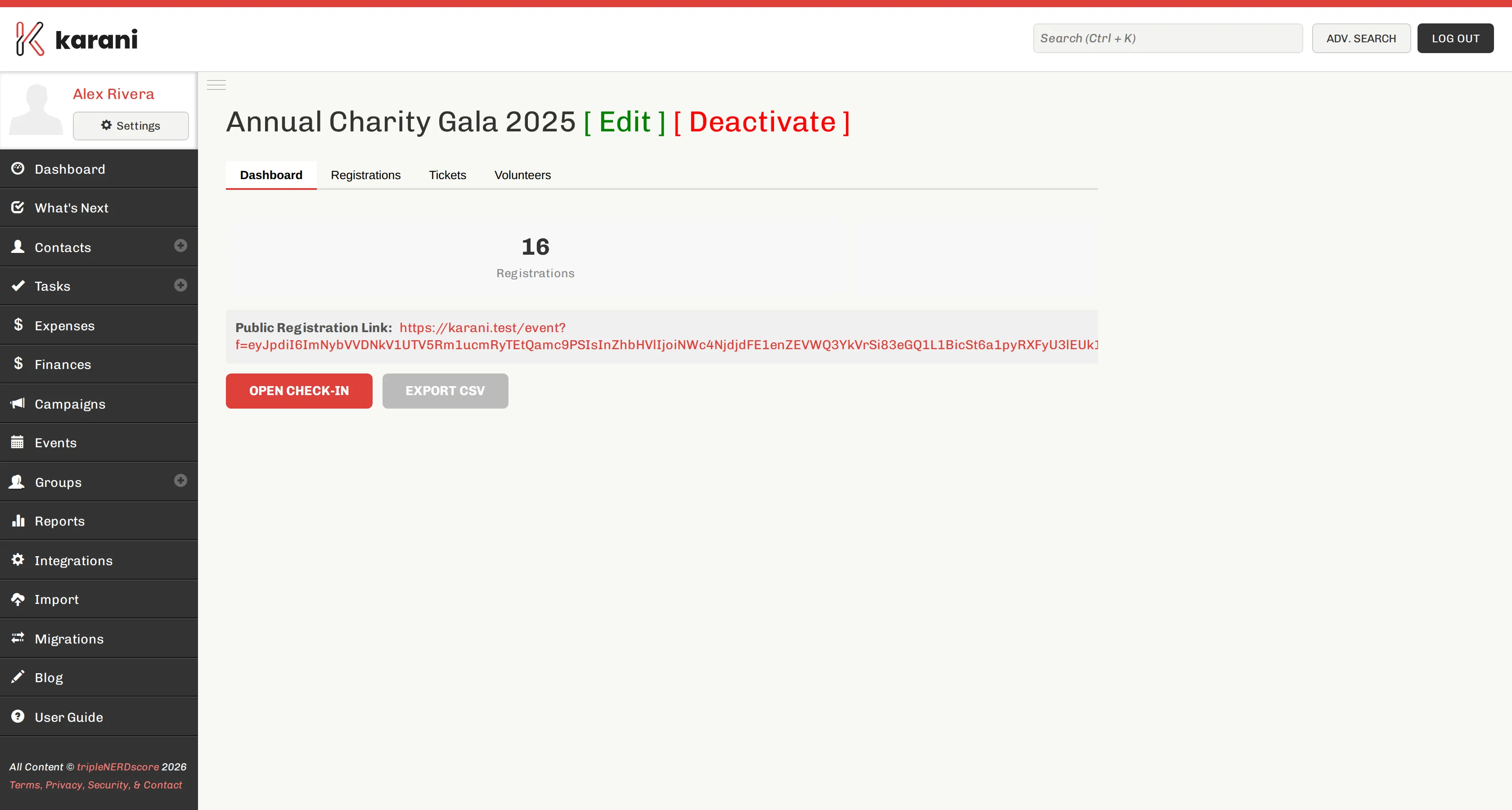 An event page for Annual Charity Gala 2025 with Dashboard, Registrations, Tickets and Volunteers tabs, showing registration count, the public registration link, and Open Check-In and Export CSV buttons