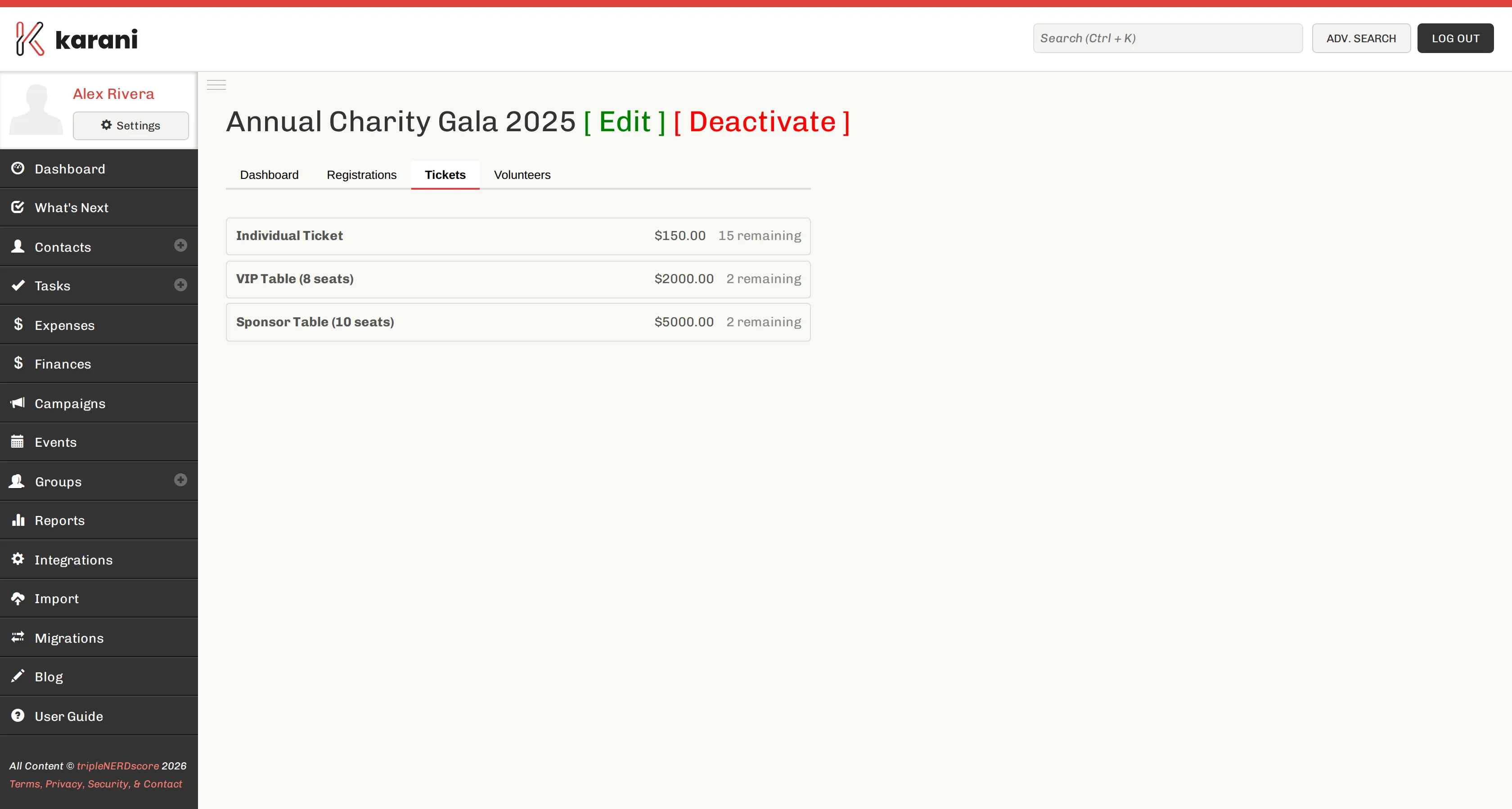 The Tickets tab of an event page, listing ticket types with their price and quantity, and a form to add another