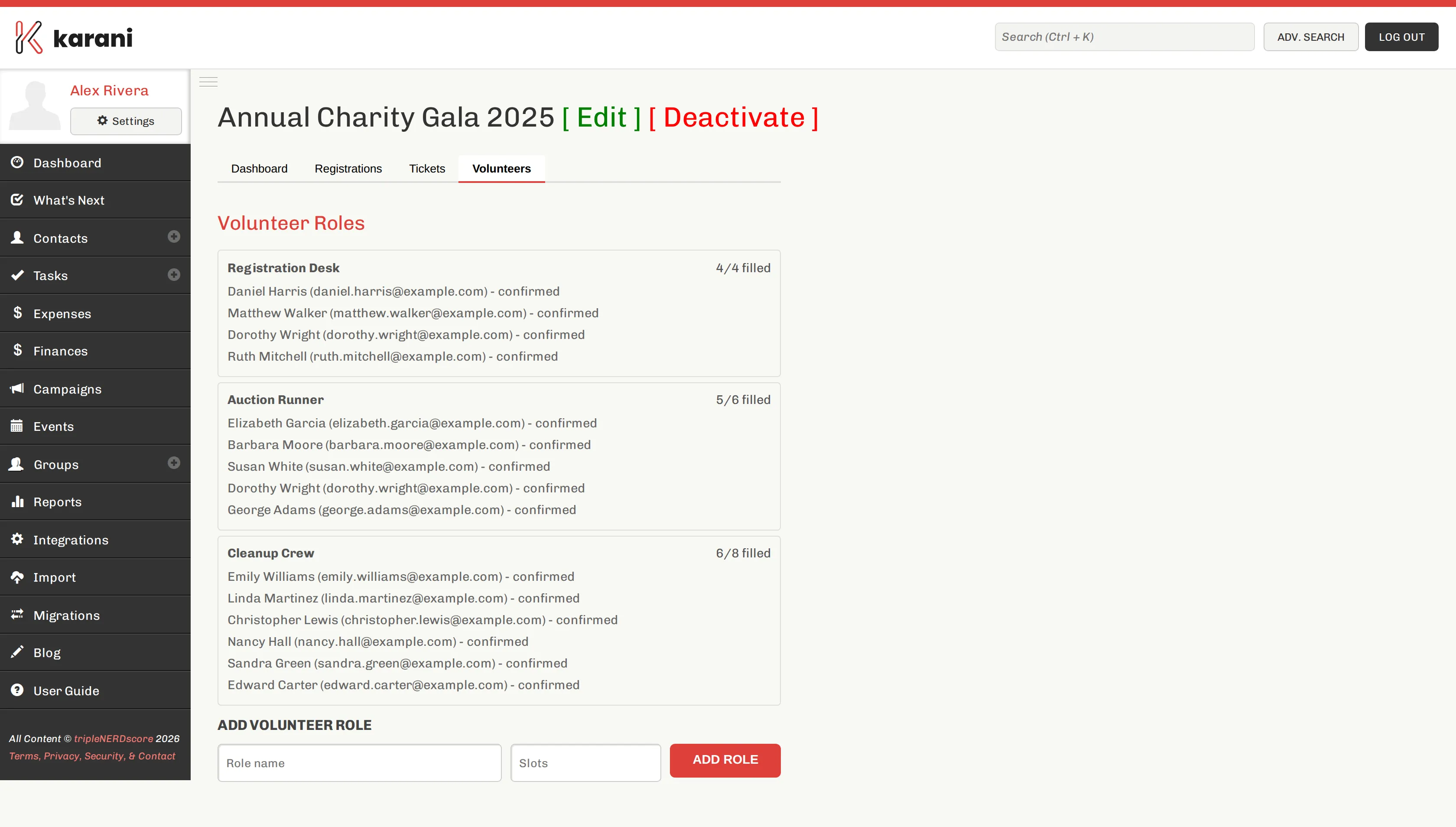 The Volunteers tab of an event page, listing volunteer roles with the number of people needed and who has signed up