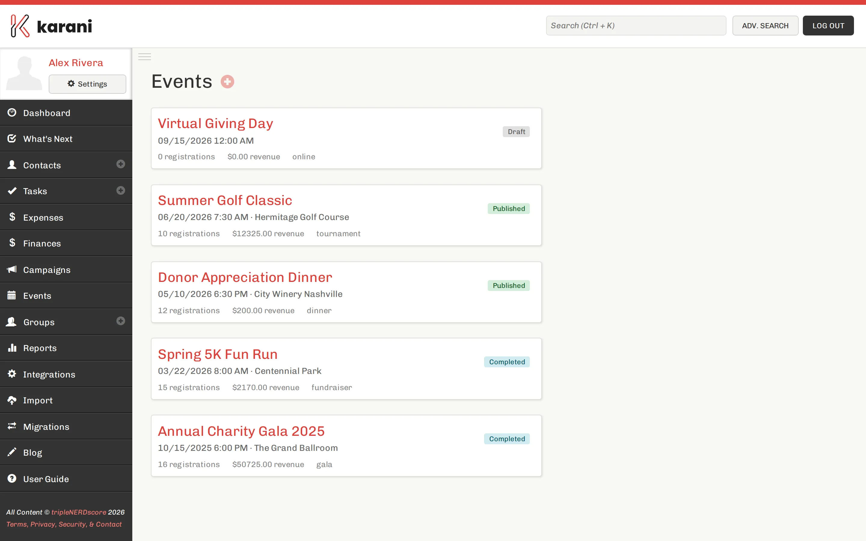 The Karani events page listing fundraising events with their dates, status, and registration counts