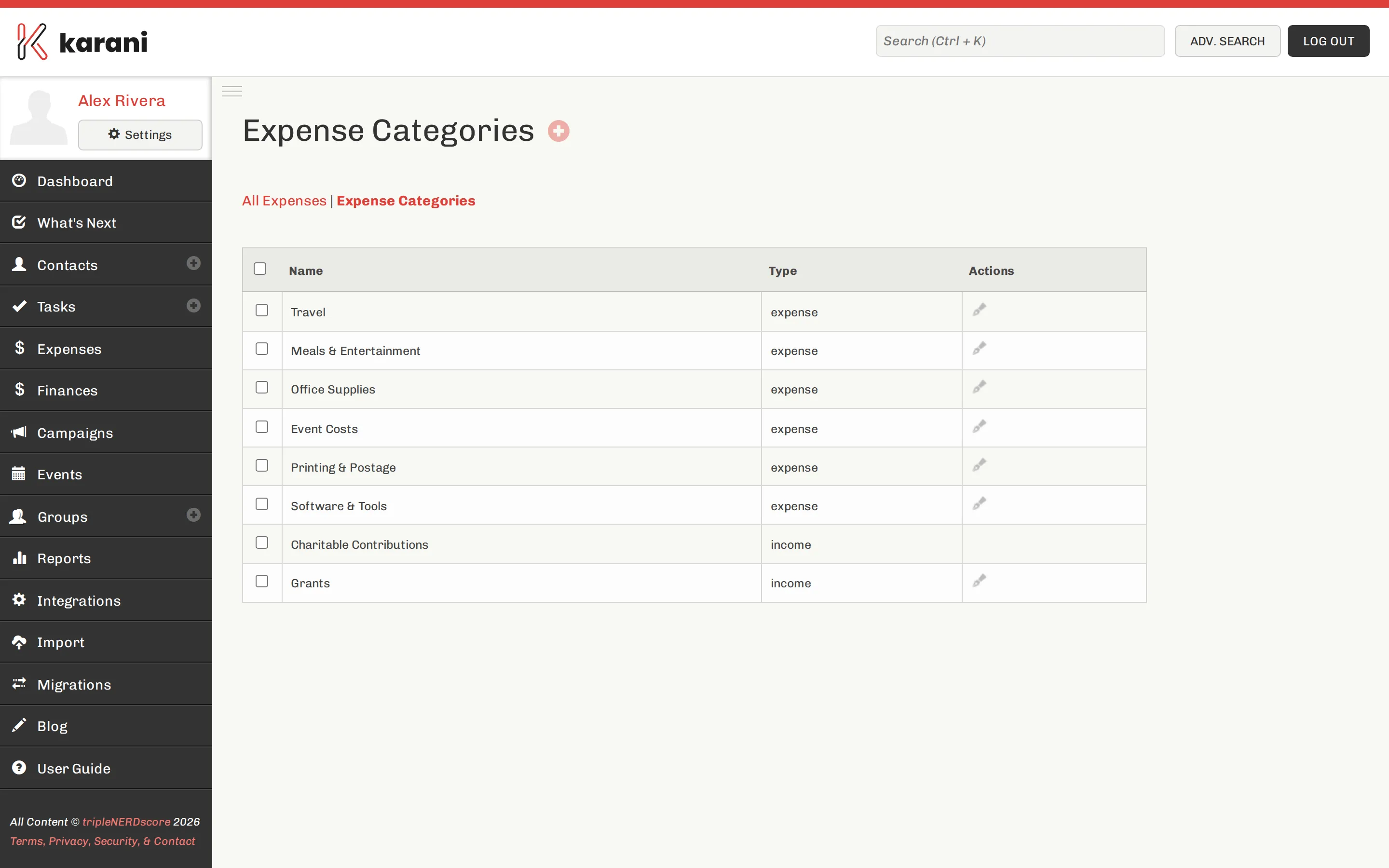 The expense categories page listing categories with their type, expense or income