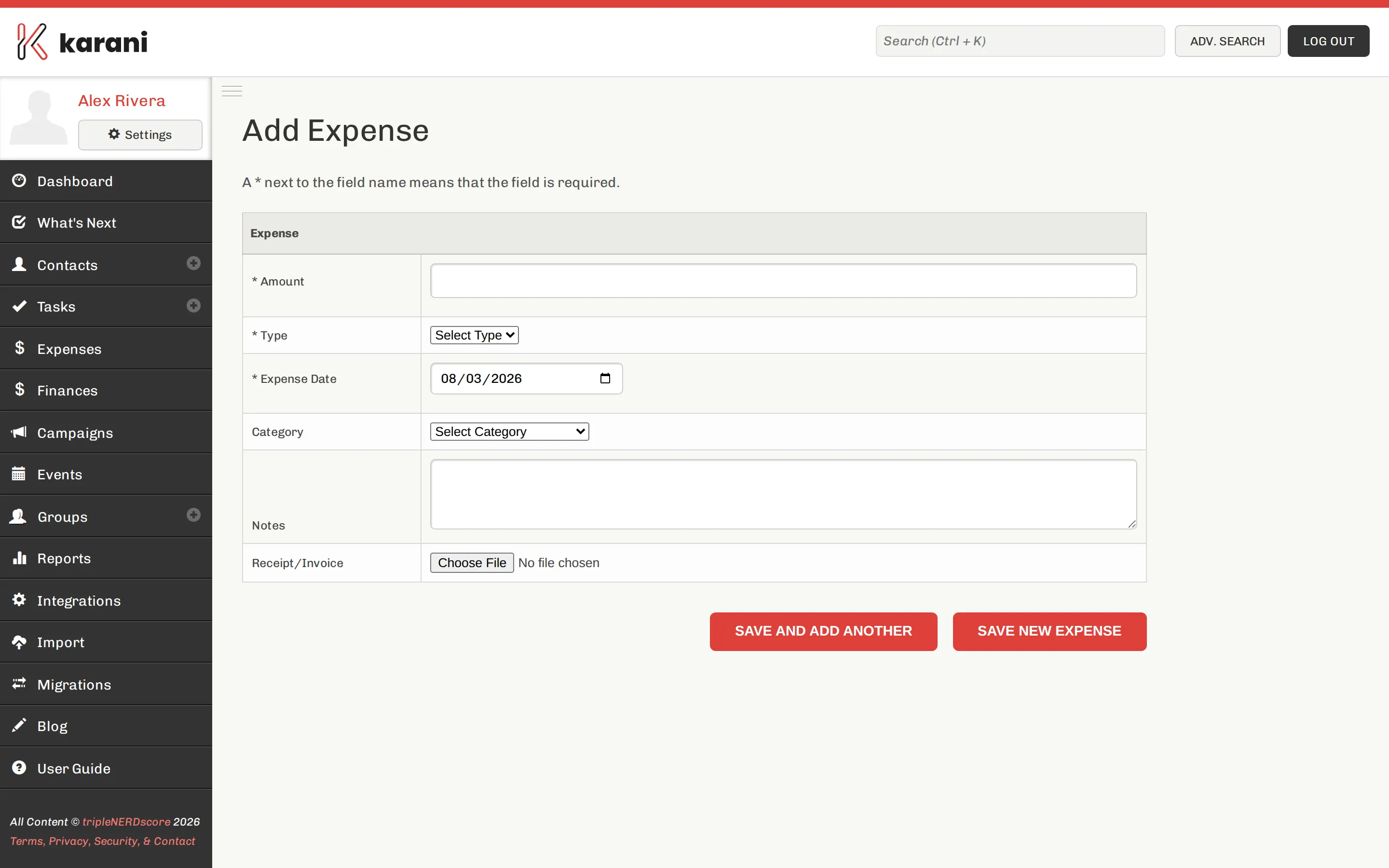 The Add Expense form with fields for amount, date, category, notes, and a receipt upload