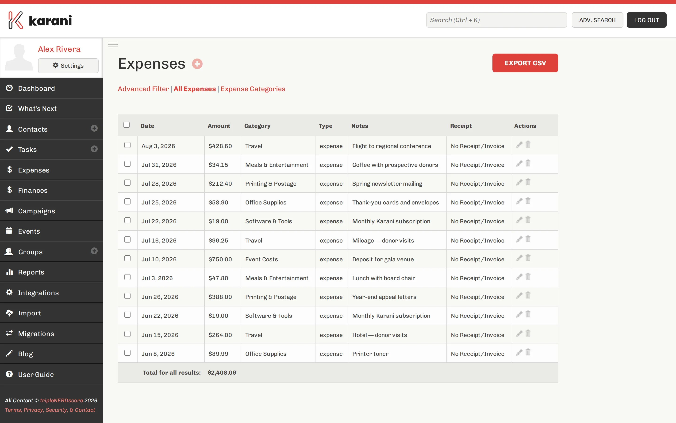 The Karani expenses list showing expenses with date, category, amount, and notes