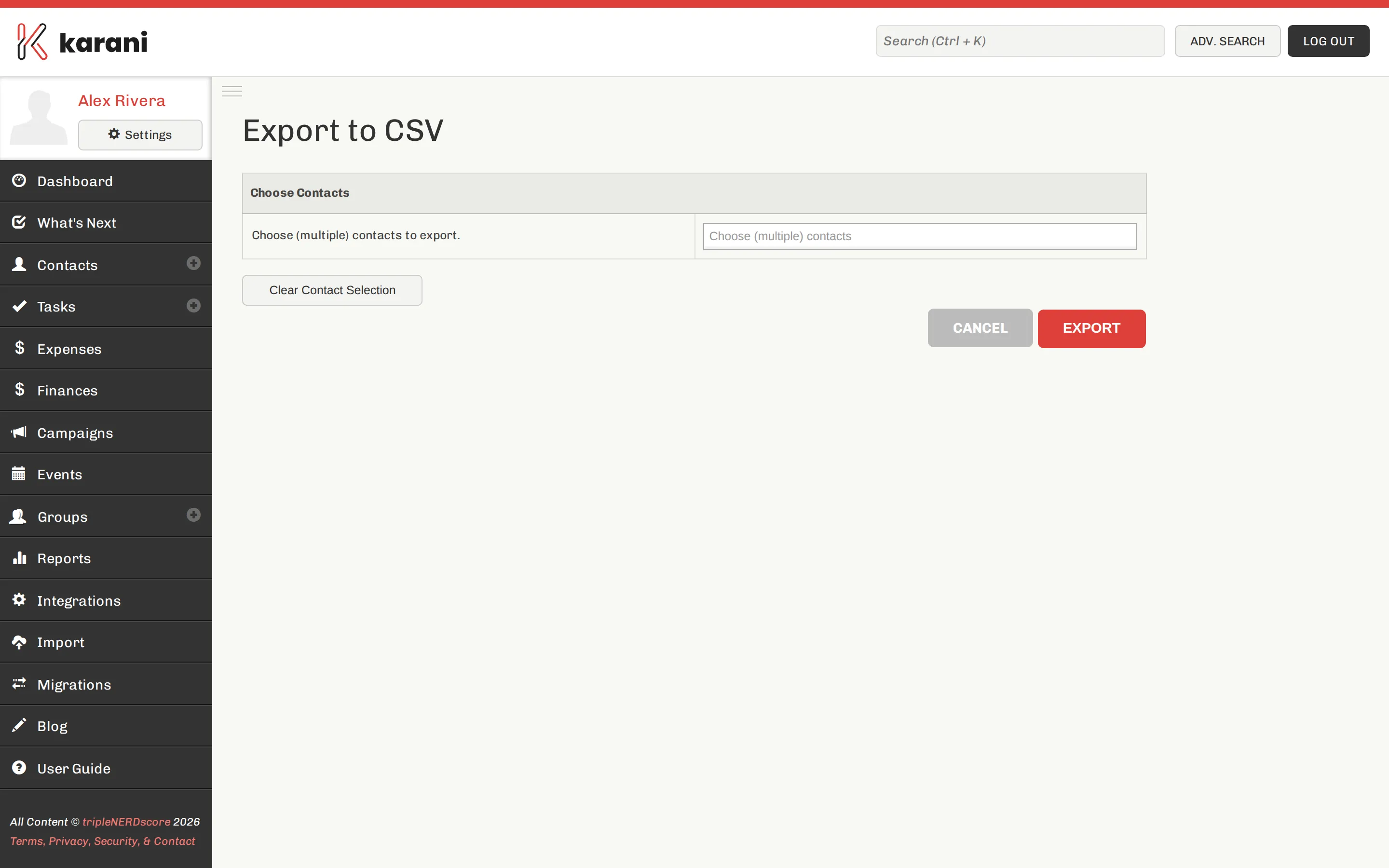 The Karani contact export page, letting you choose which contacts to include in a CSV export