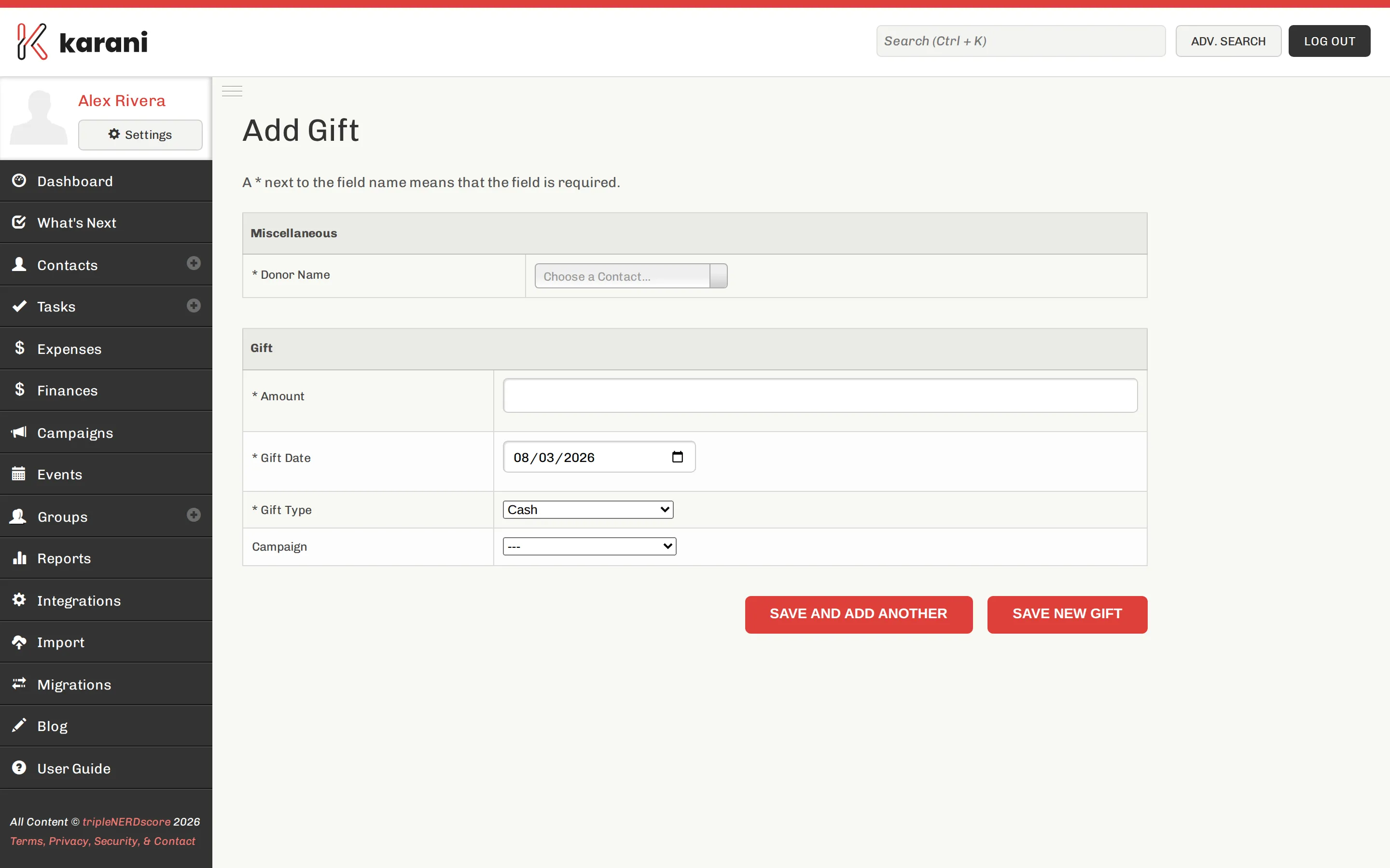 The Add New Gift form with fields for donor, amount, gift date, gift type, designation, and notes