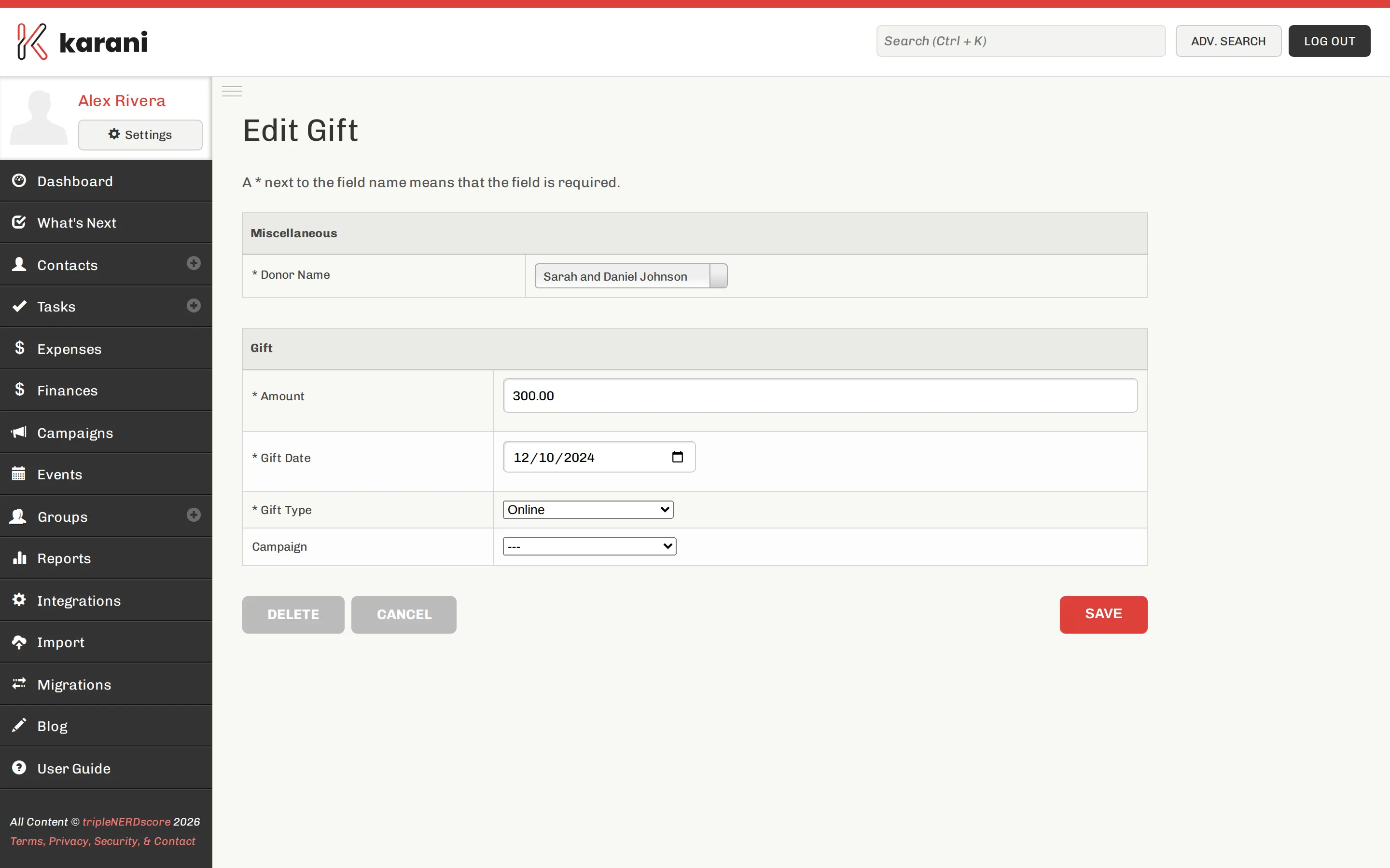 A gift detail page showing the amount, date, donor and type, with options to edit, email a receipt, or generate a PDF
