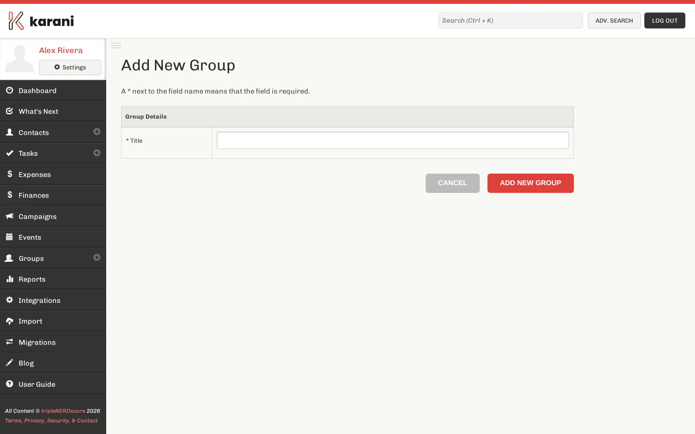The Add New Group form with a single field for the group name and an Add New Group button