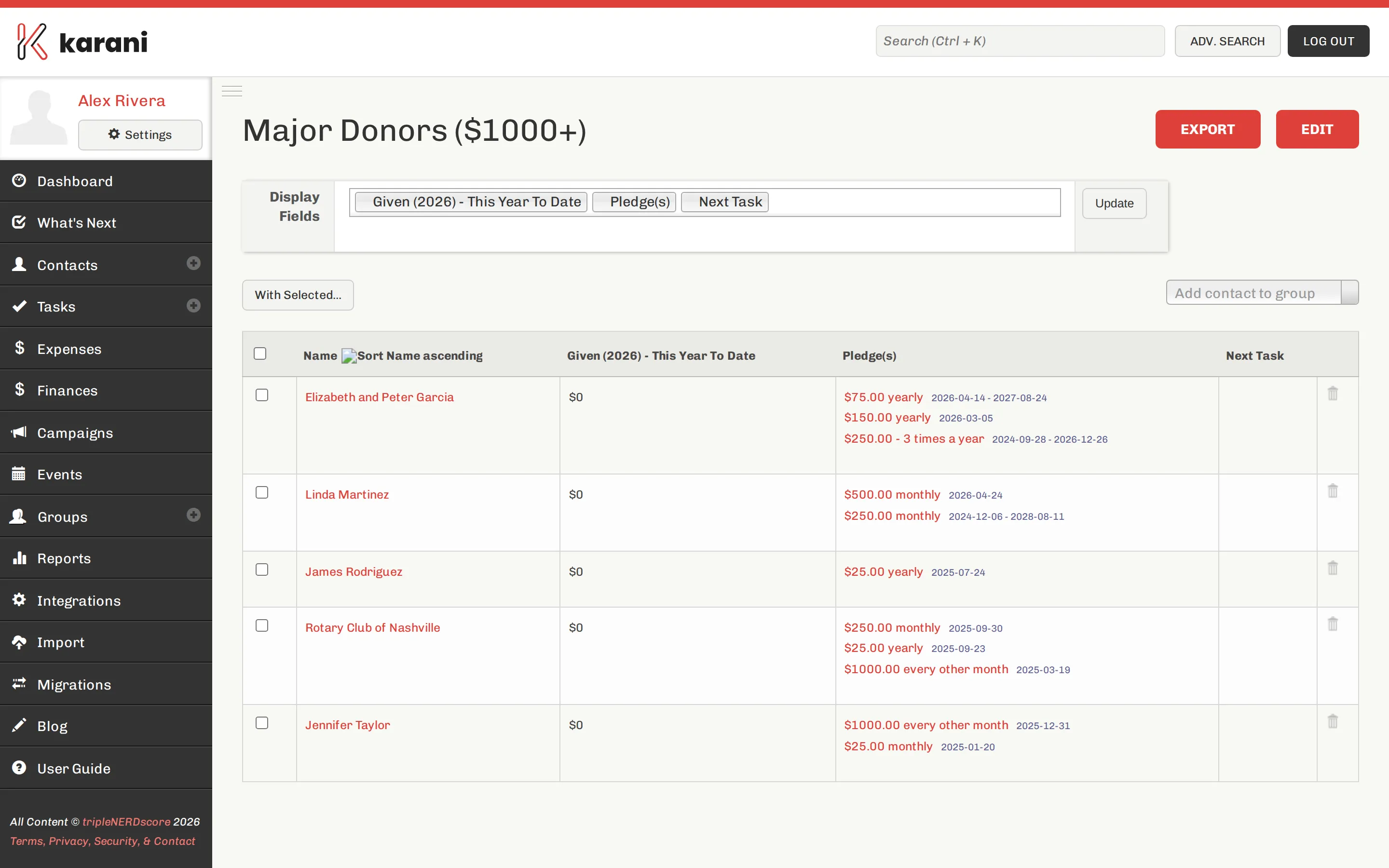 A group detail page listing the contacts in the group, with a dropdown to add a contact and an Export menu