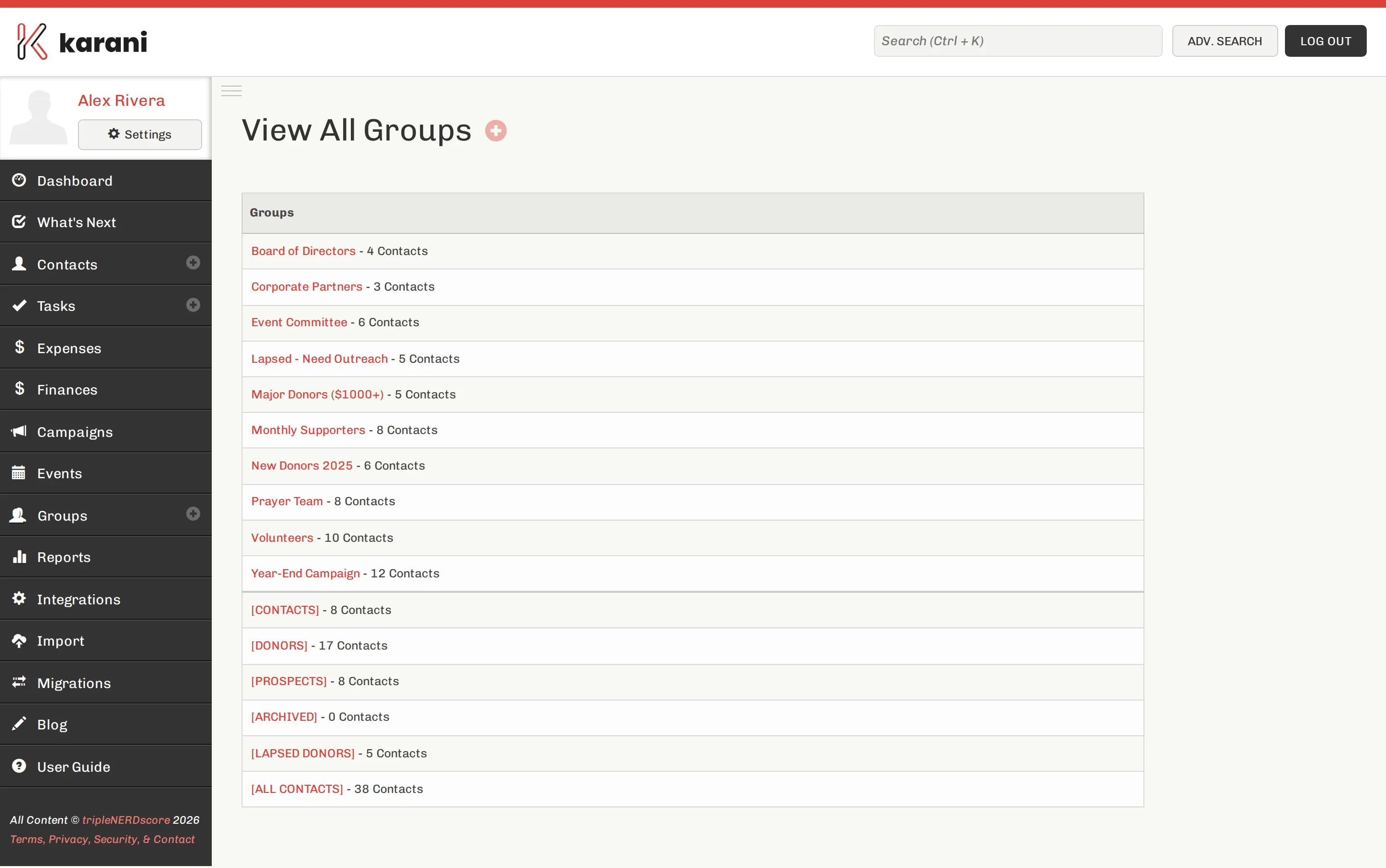 The Karani groups page listing groups such as Major Donors, Monthly Supporters, Board of Directors, and Volunteers, each with a member count