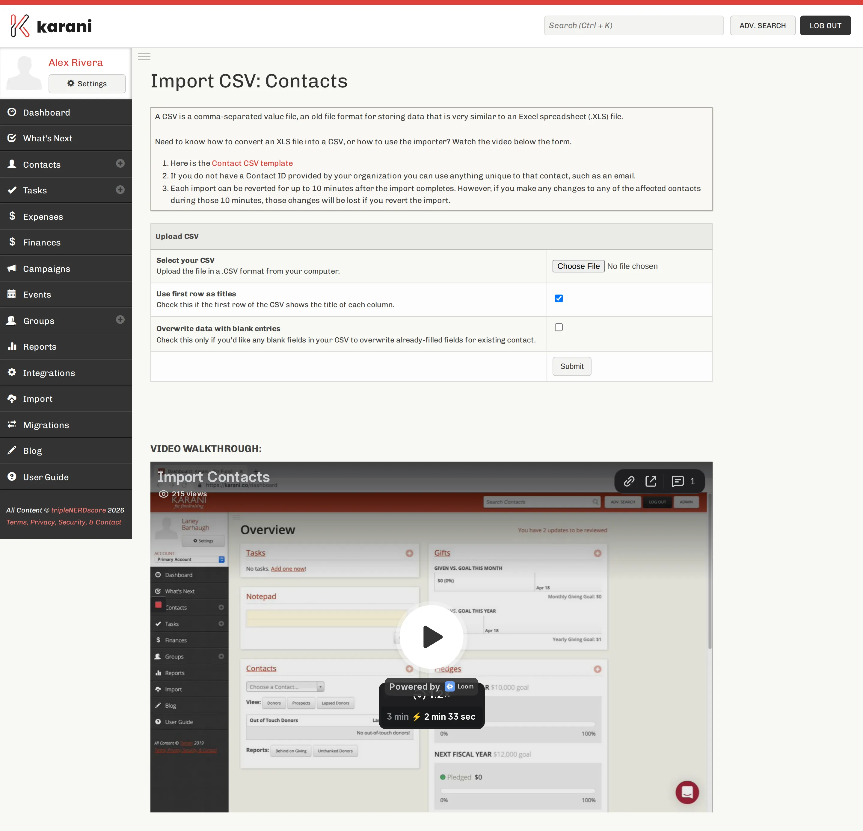 The Import CSV Contacts page with a link to the contact CSV template, a file chooser, a Use first row as titles checkbox, an Overwrite data with blank entries checkbox, and a Submit button