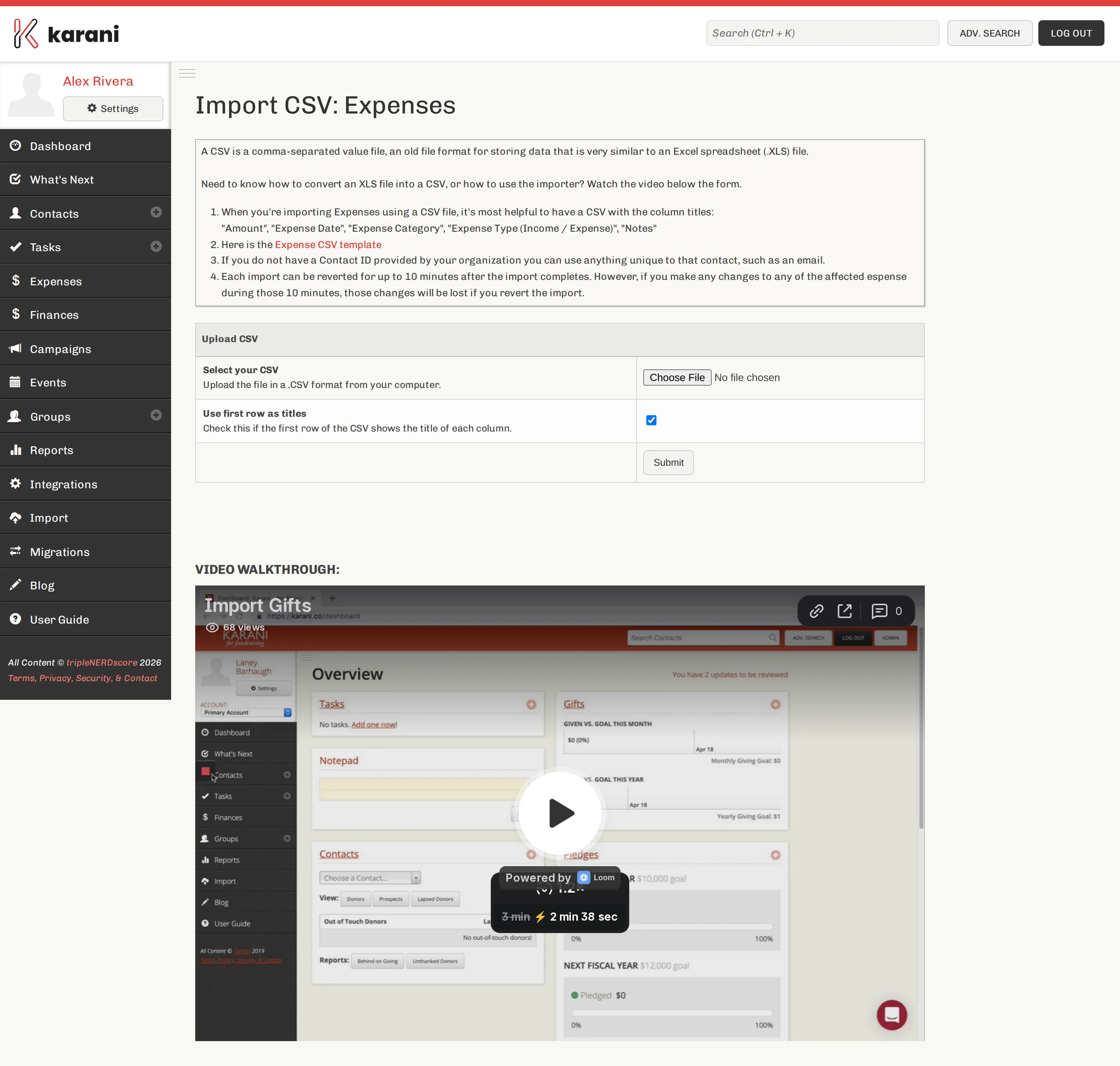 The Import CSV Expenses page with a template link, file chooser, and options