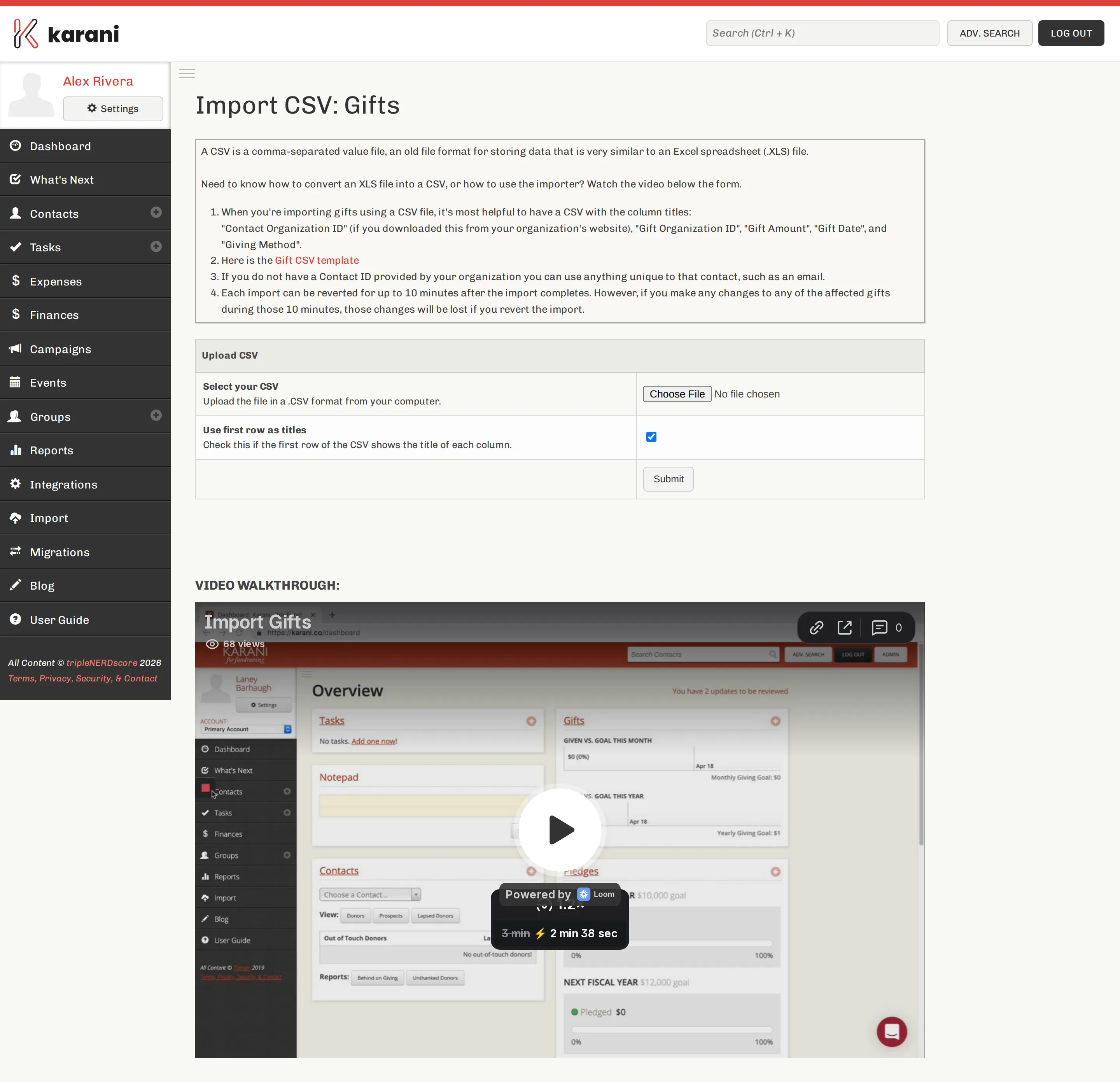The Import CSV Gifts page with a template link, file chooser, and options