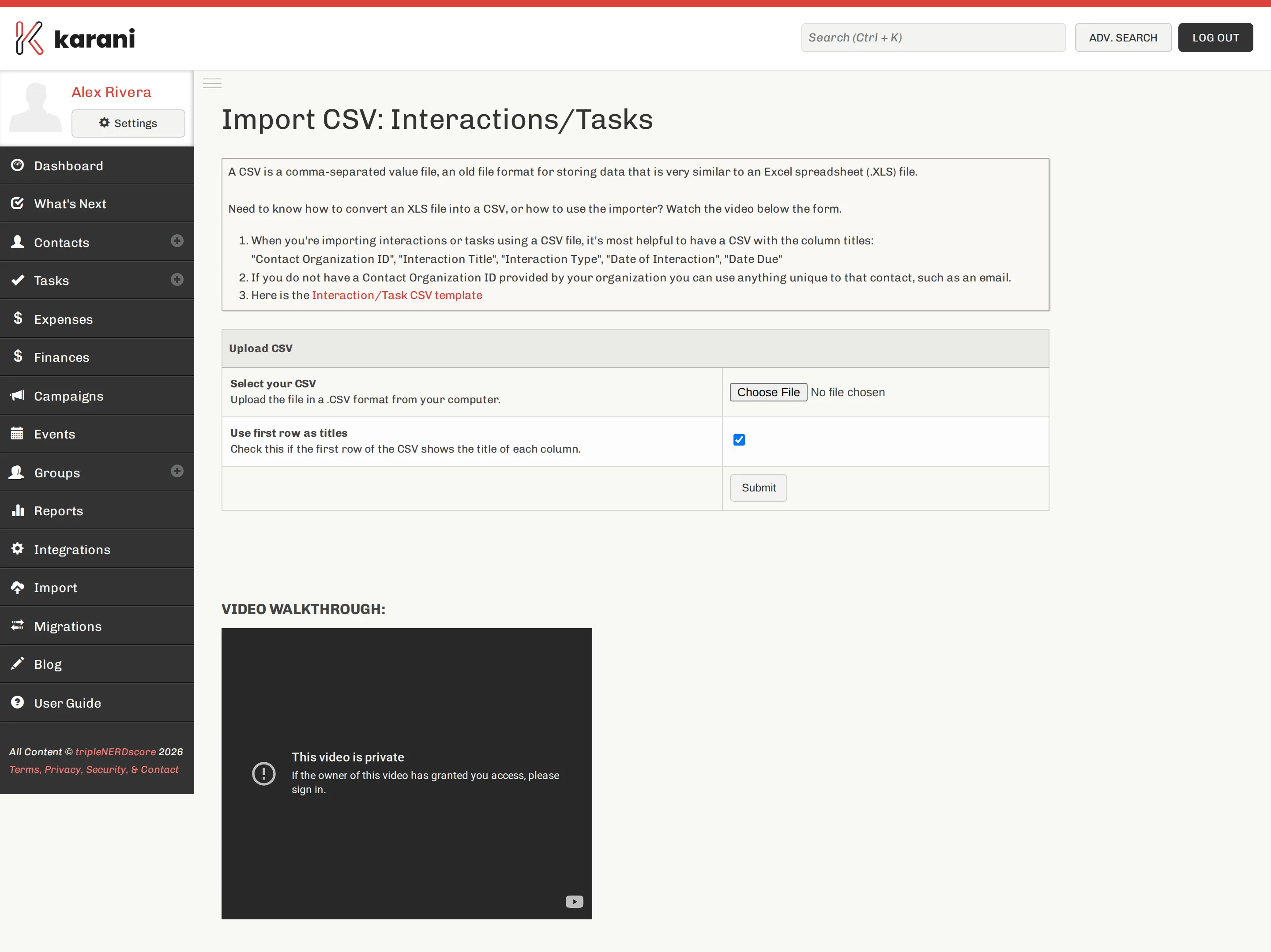 The Import CSV Interactions and Tasks page with a template link, file chooser, and options