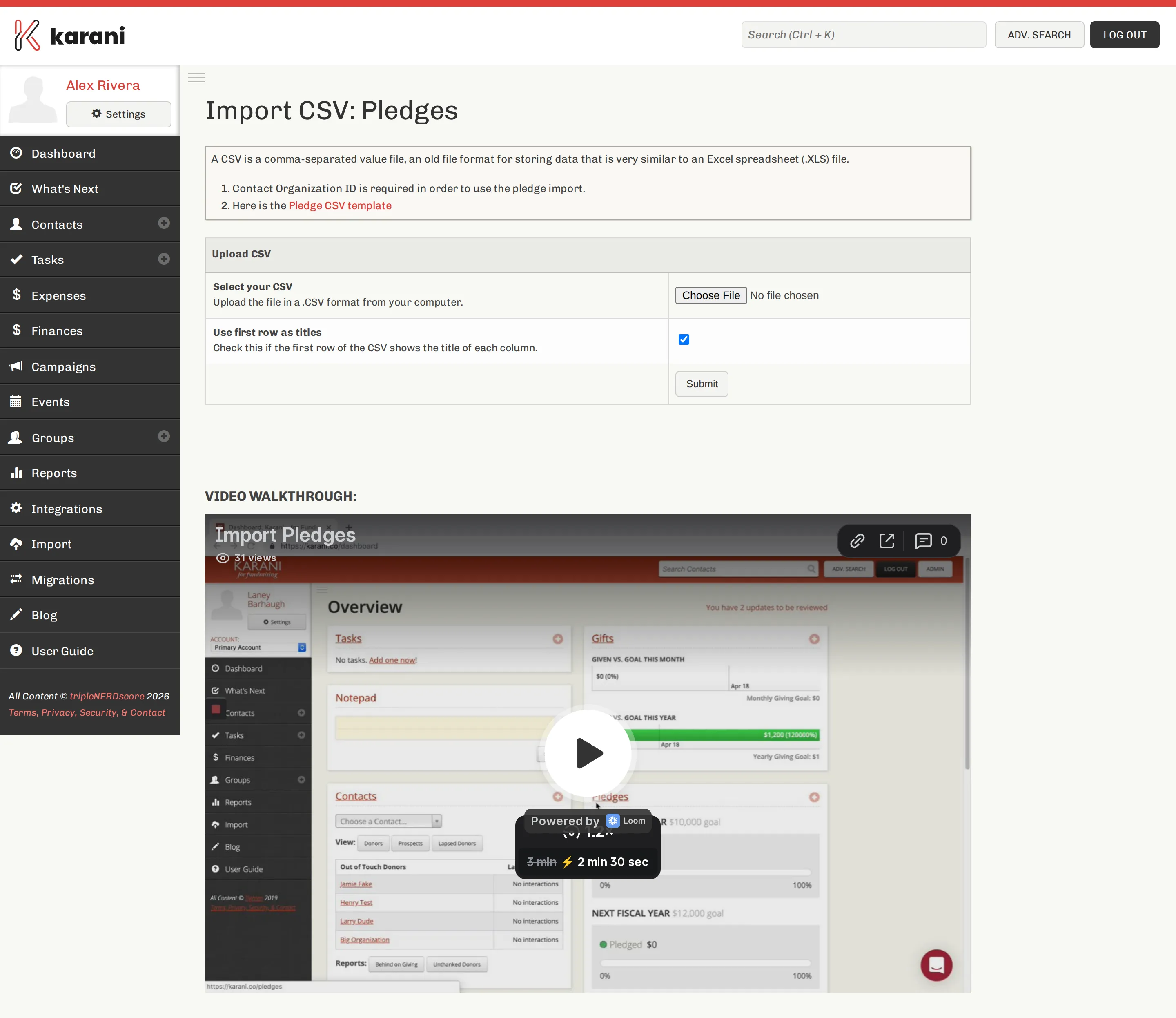The Import CSV Pledges page with a template link, file chooser, and options