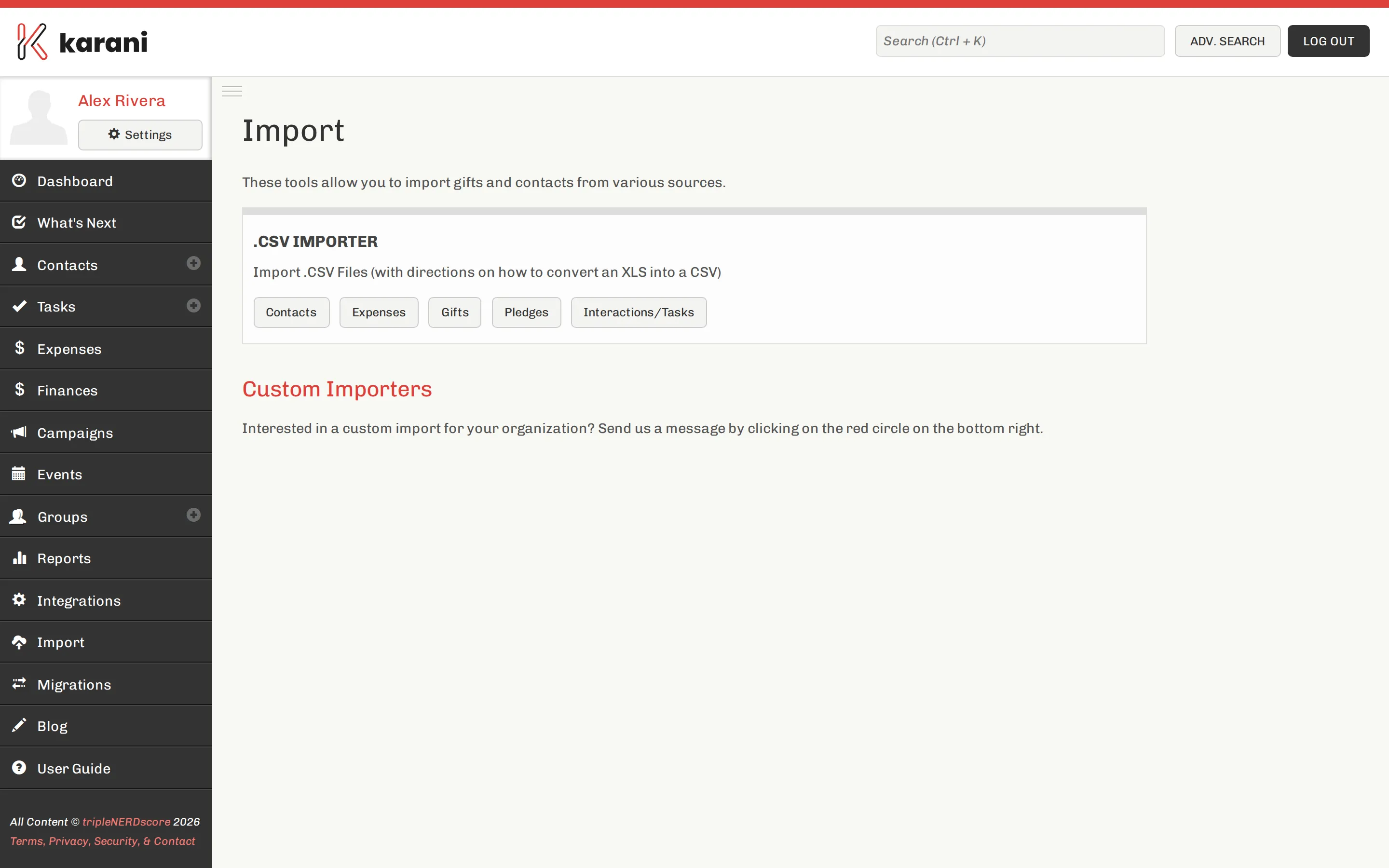 The Karani imports page listing CSV importers for Contacts, Gifts, Pledges, Interactions/Tasks and Expenses, with a history of recent imports and their change counts