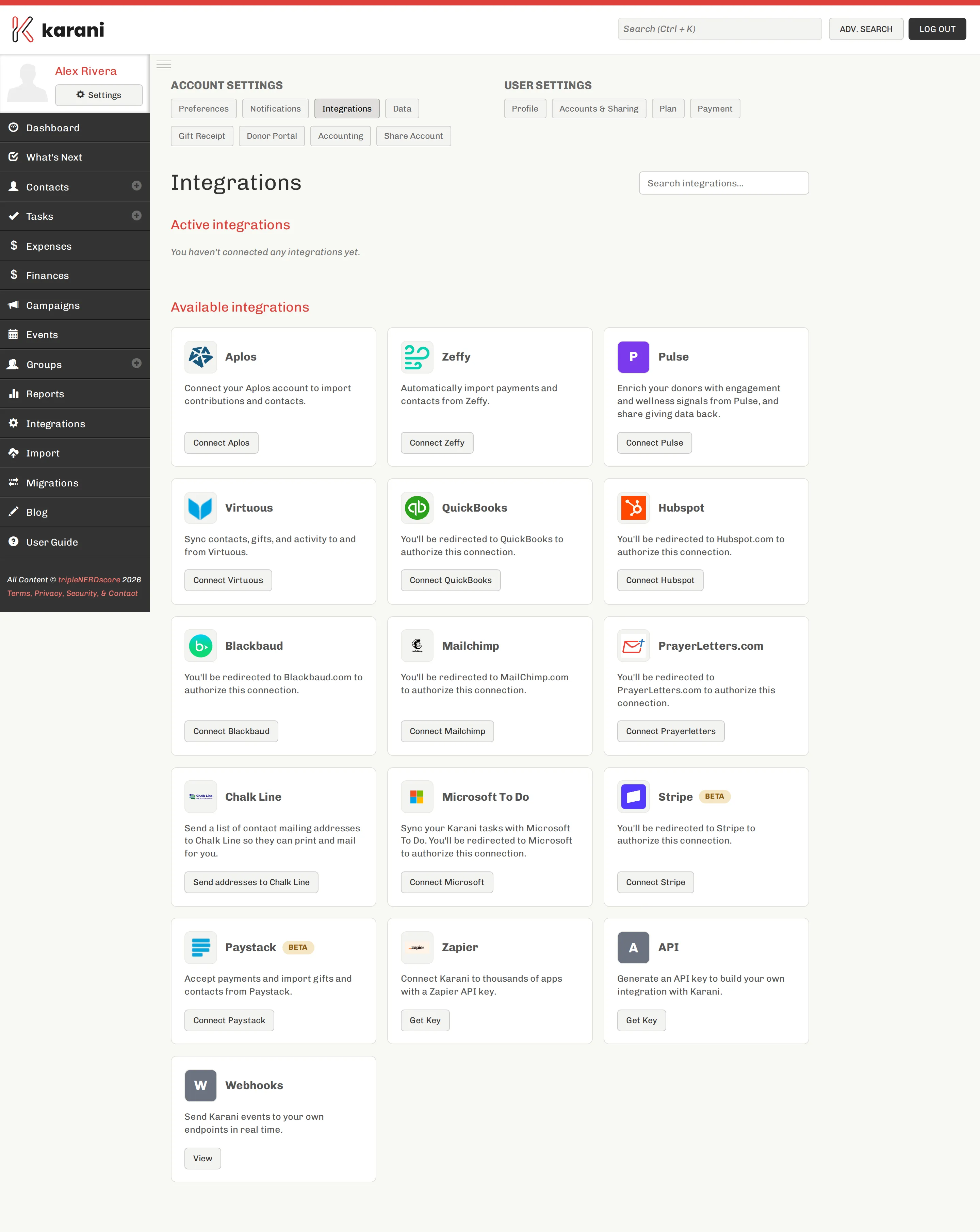 The Karani integrations page with a search box, an Active integrations section, and cards for available integrations including Aplos, Zeffy, Pulse, Virtuous, QuickBooks, HubSpot, Blackbaud, Mailchimp, PrayerLetters, Microsoft To Do, Stripe, Paystack, Zapier, API, and webhooks