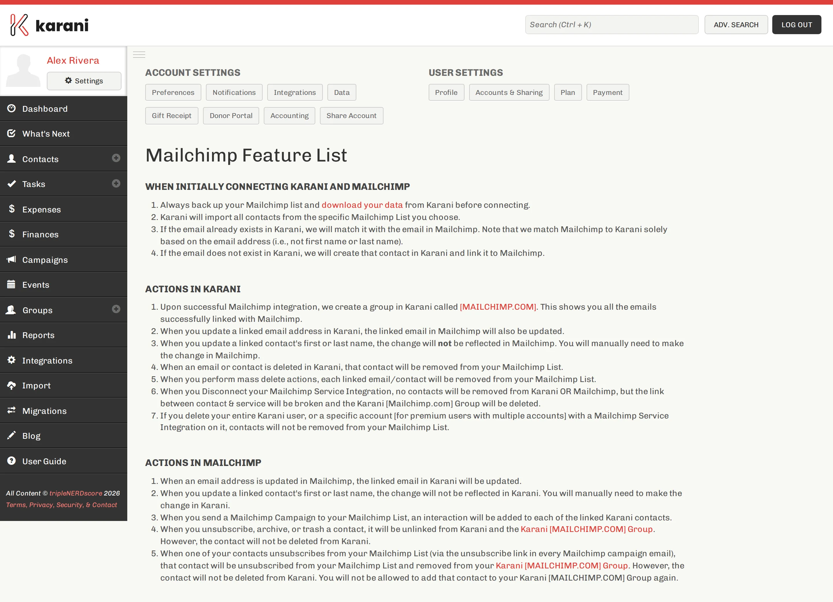 The Mailchimp feature list page describing the behaviour of the Karani Mailchimp integration