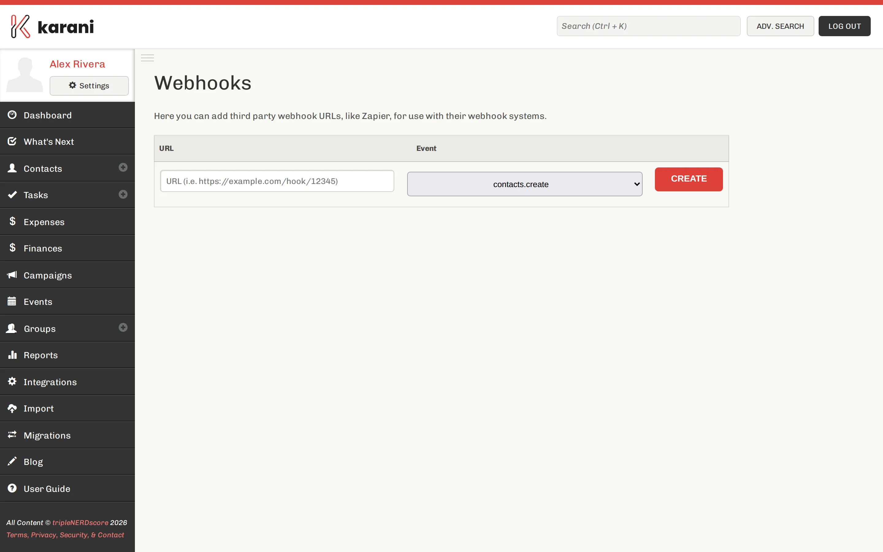 The Karani webhooks page listing configured webhooks with their URL and event, and a form to add another