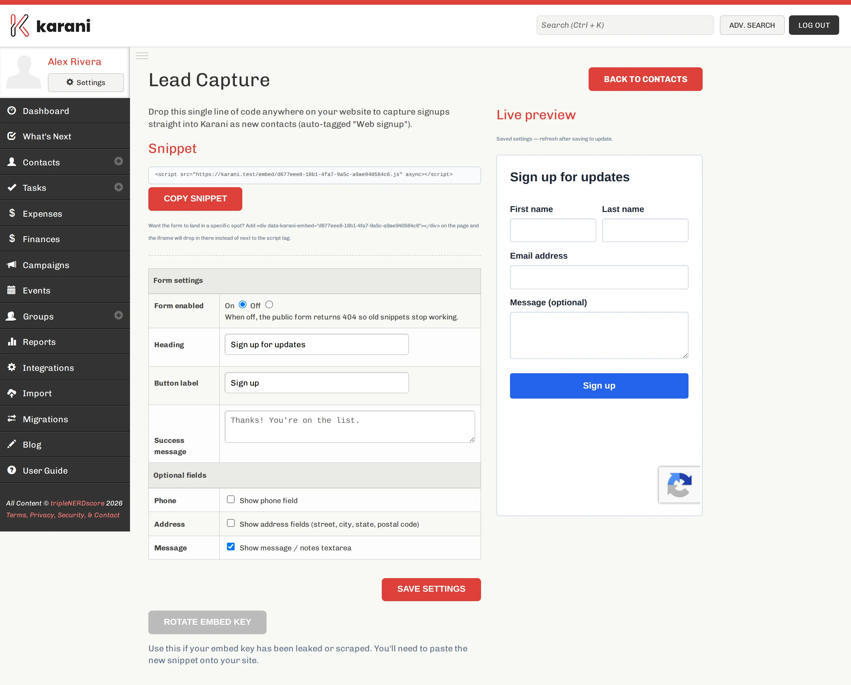 The Lead Capture page showing the embed snippet with a copy button, form settings for enabled state, heading, button label and success message, optional field toggles for phone, address and message, a live preview of the form, and a Rotate embed key button