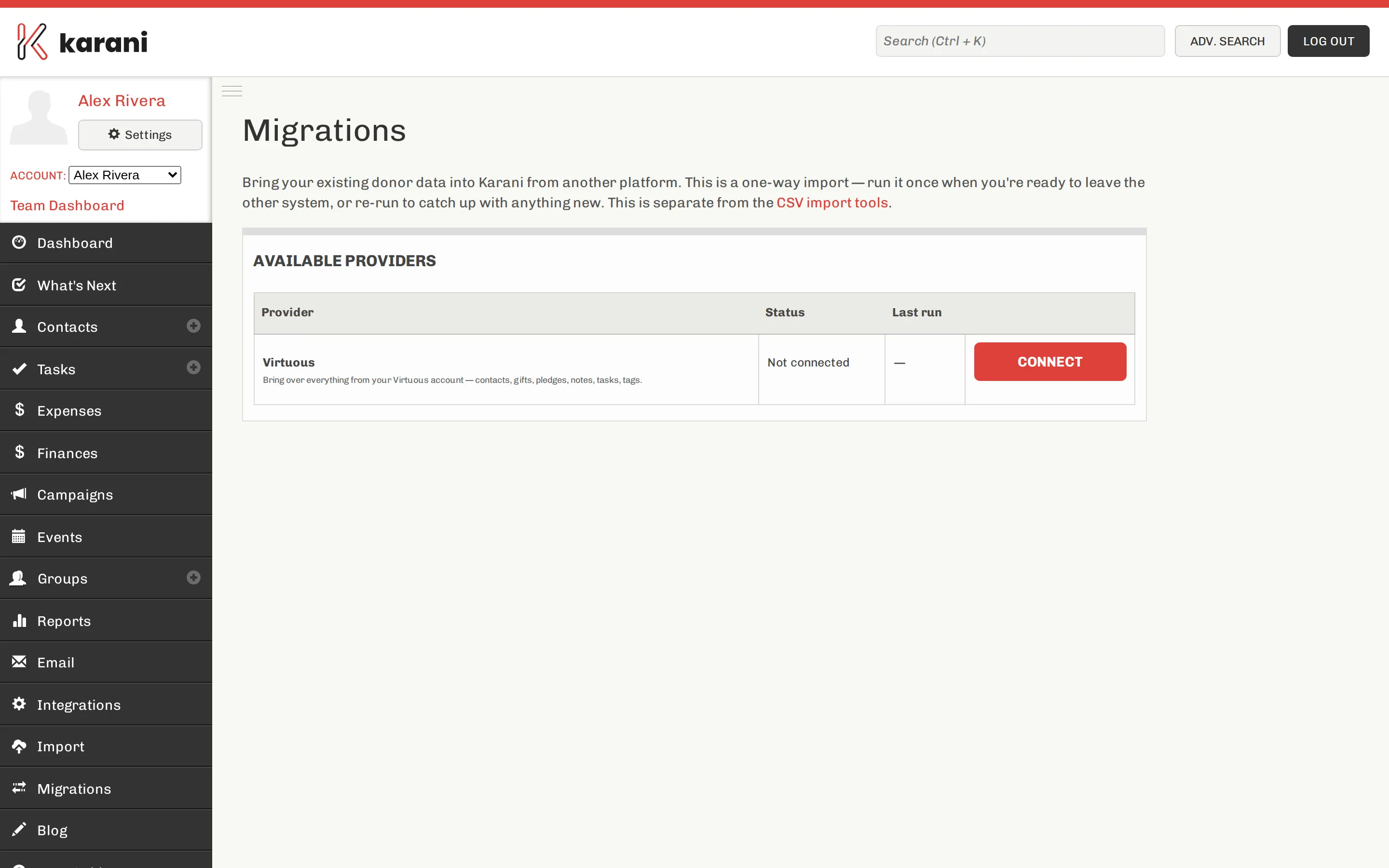 The Karani migrations page listing available providers with their status and last run, alongside links to the CSV import tools