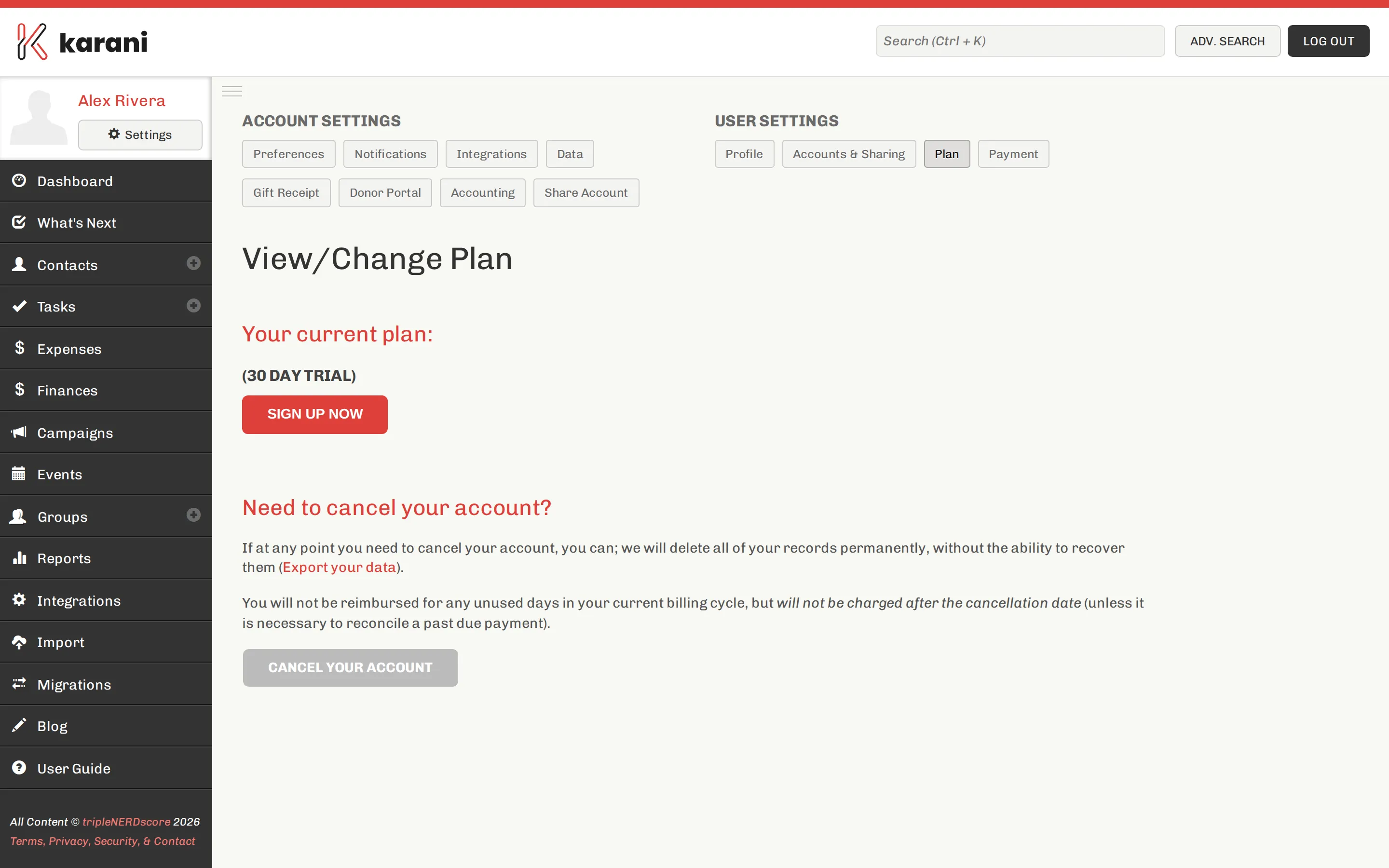 The Karani plan page showing the current plan and options to change it