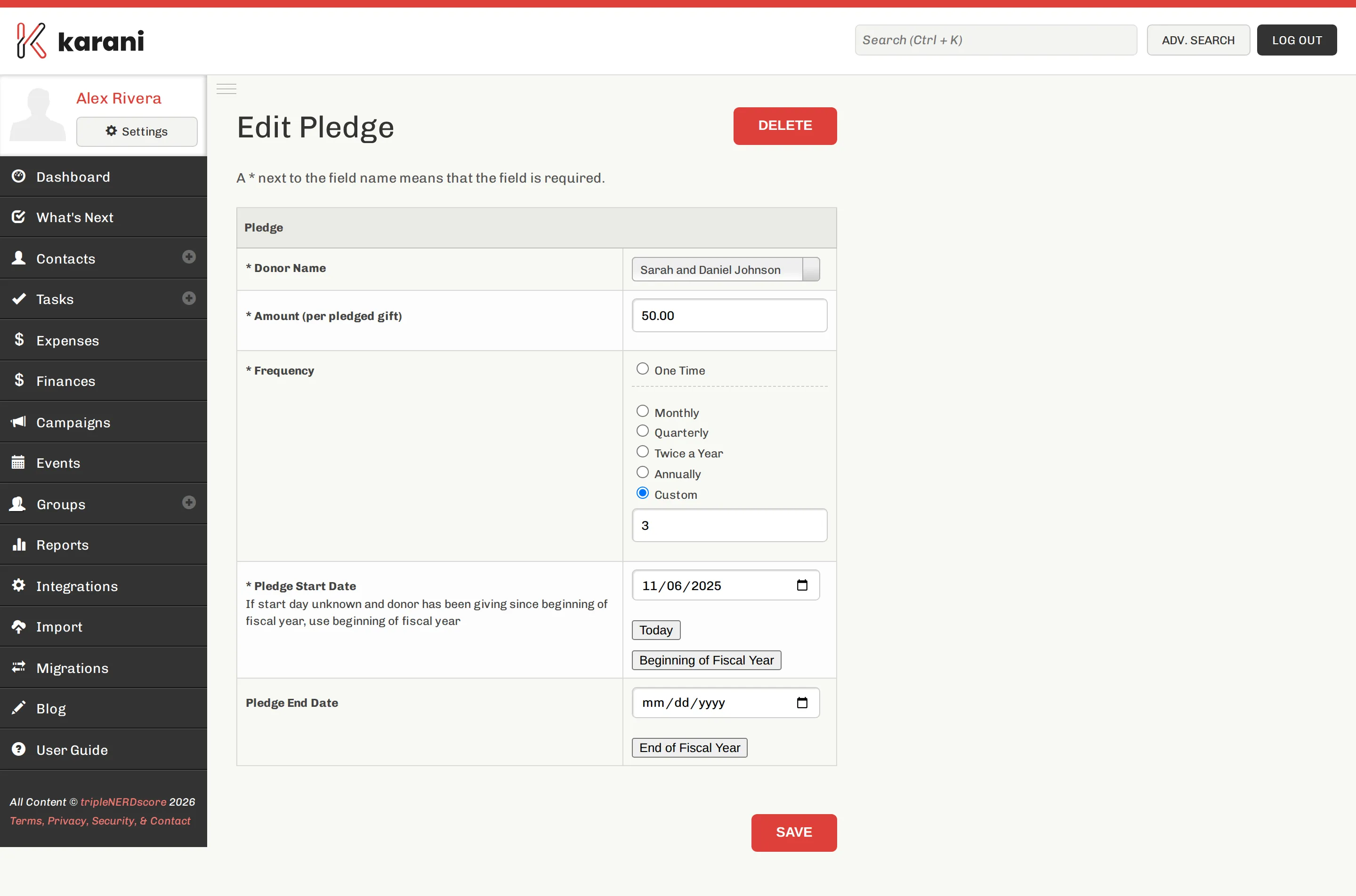 The pledge form with fields for donor, one-time flag, amount, frequency, start date, and end date