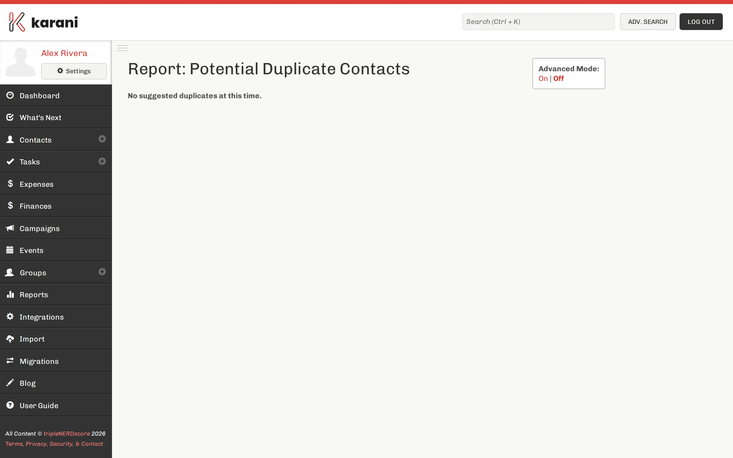 The Potential Duplicate Contacts report listing pairs of contacts Karani believes may be the same person, with options to merge or dismiss each pair