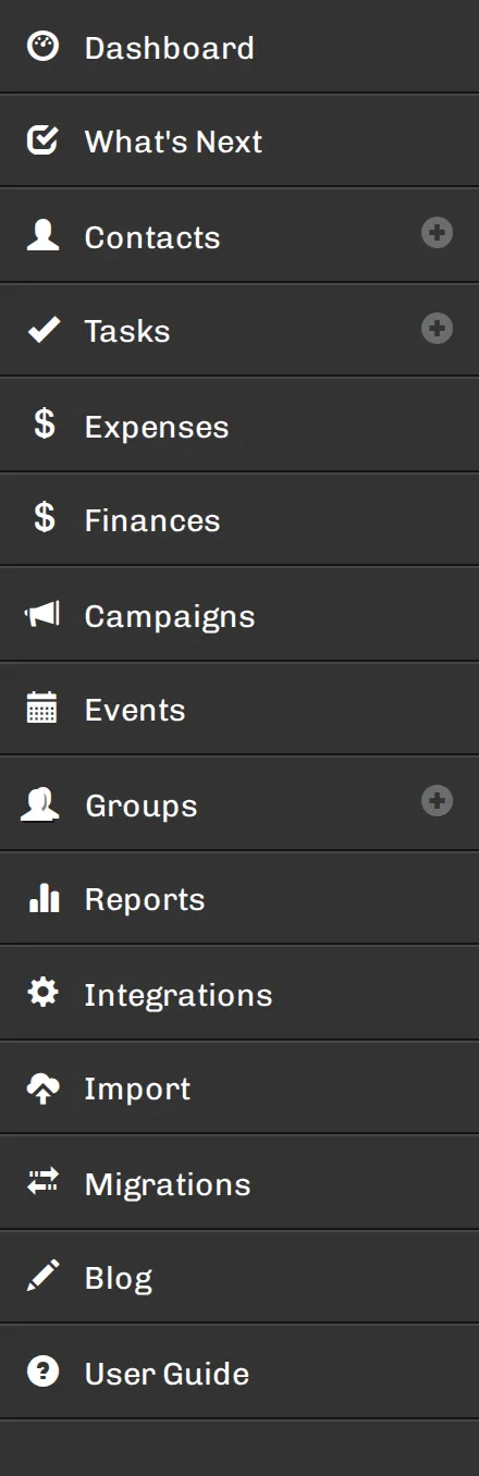 The Karani left-hand navigation listing Dashboard, What's Next, Contacts, Tasks, Expenses, Finances, Campaigns, Events, Groups, Reports, Integrations, Import, Migrations, Blog, and User Guide