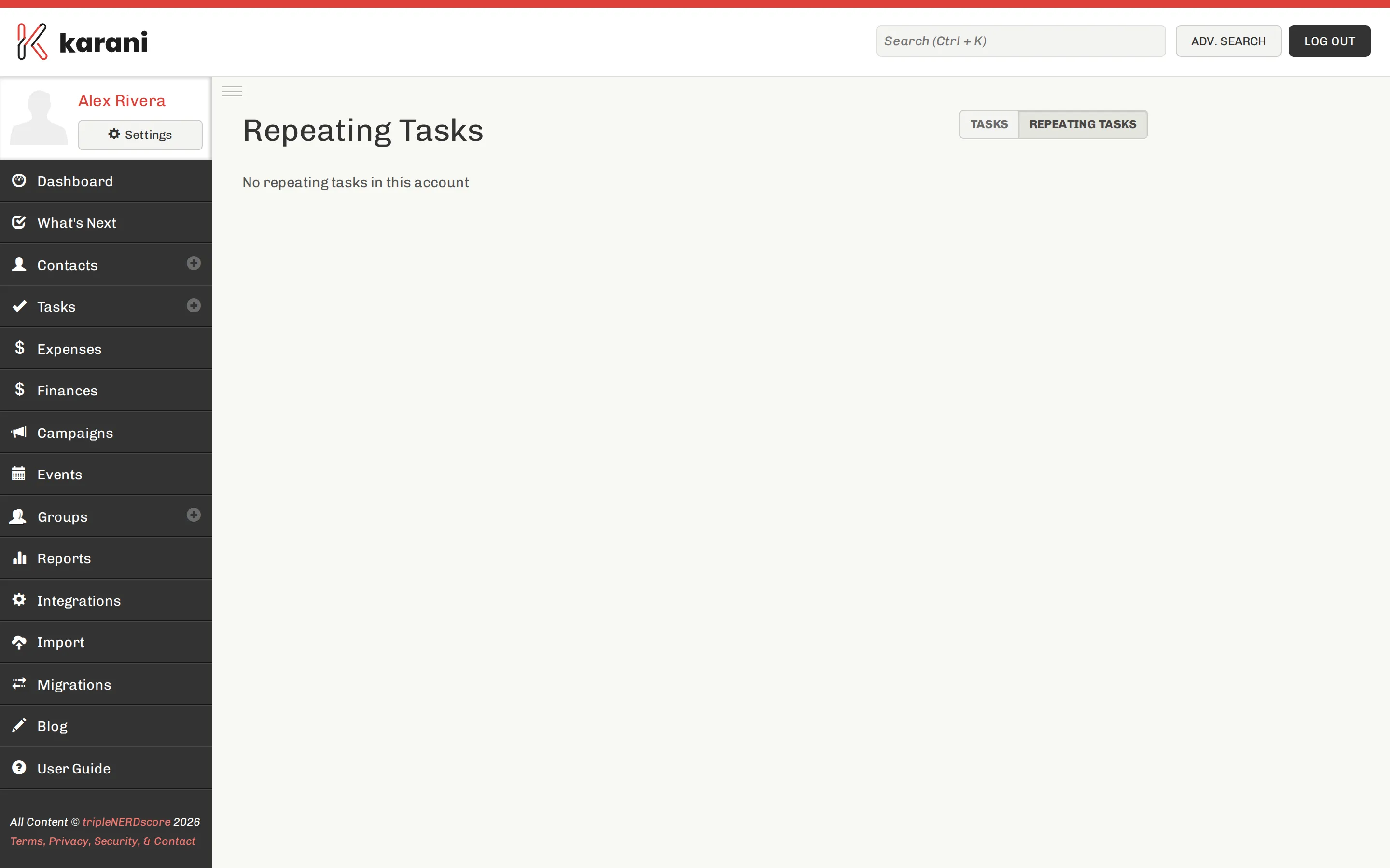 The repeating tasks page listing recurring task definitions with their contact, type, and recurrence pattern