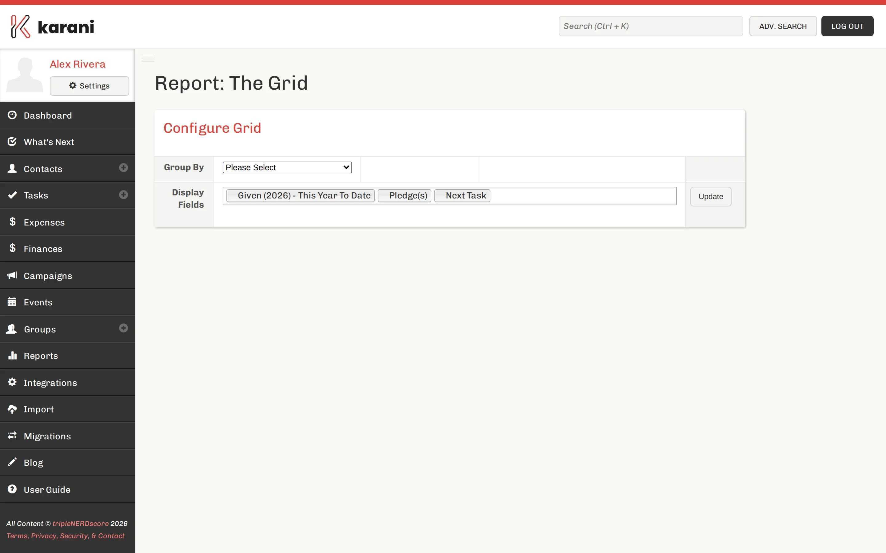 The Grid report showing contacts as rows with configurable columns, grouping controls, and filters