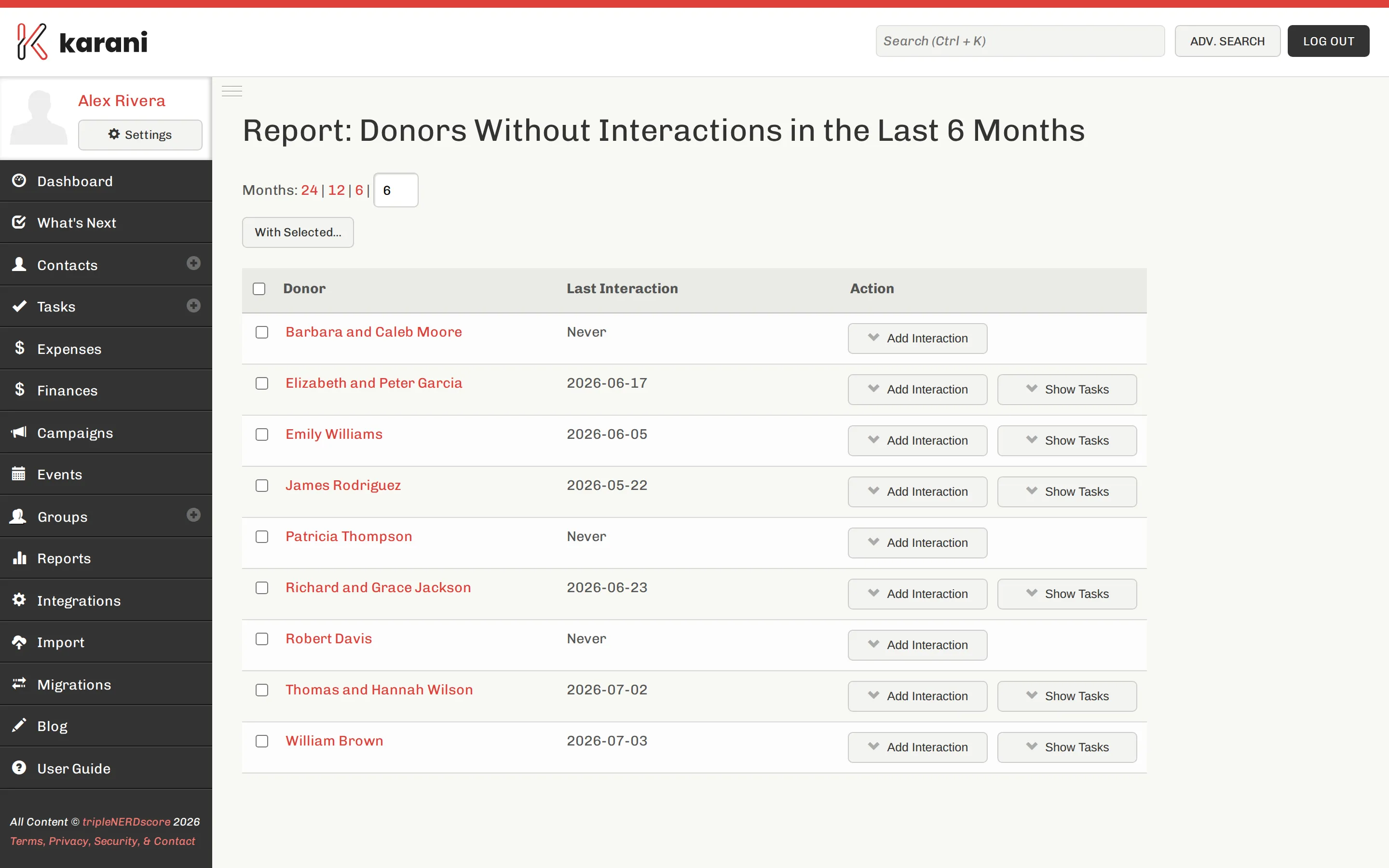 The Out of Touch Donors report listing donors with the date of their last interaction